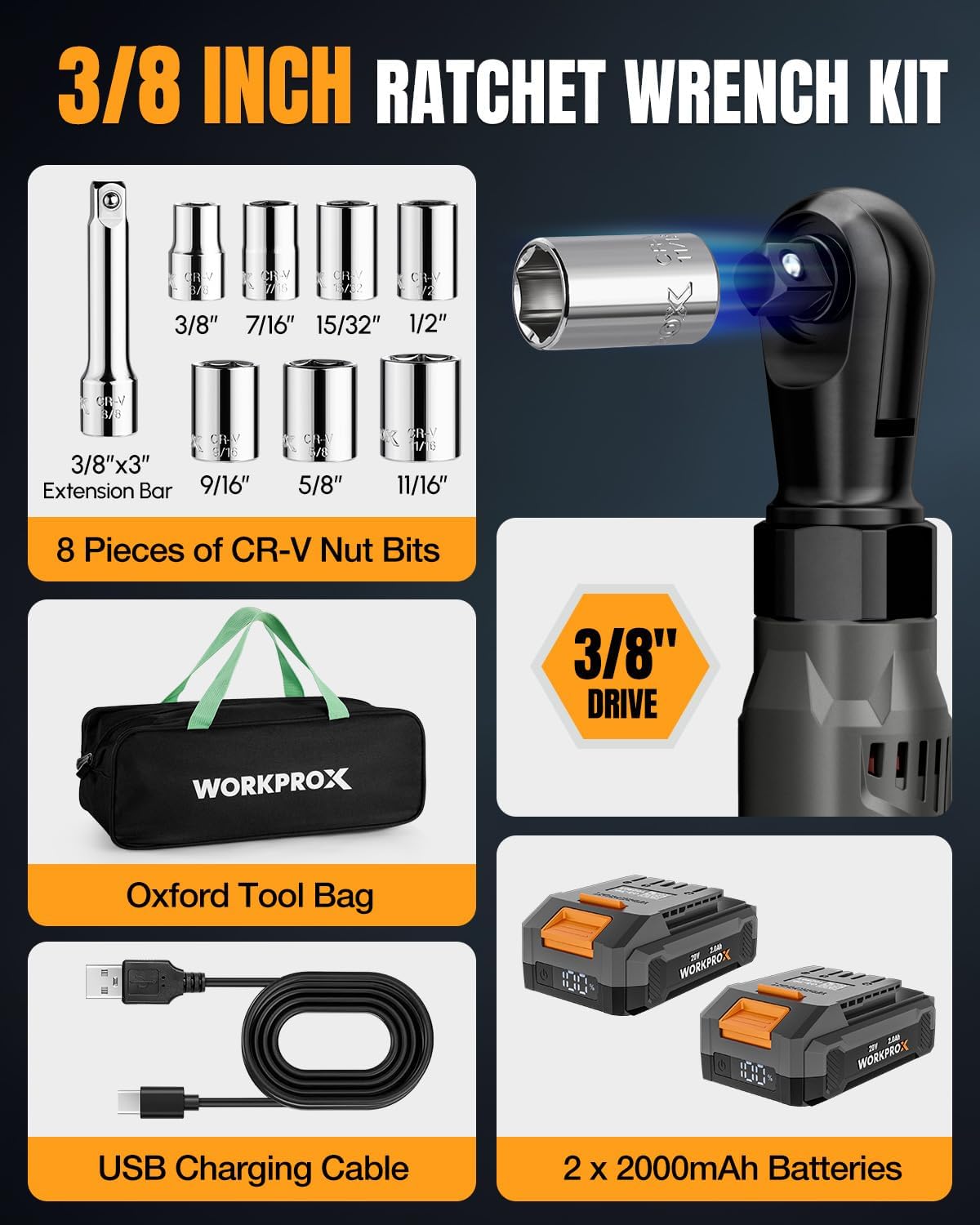 3/8 in cordless ratchet wrench kit with socket set, bits, tool bag, batteries, and USB cable.
