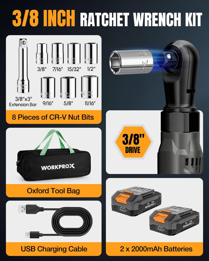 WORKPROX 20V Cordless Ratchet Wrench Kit, 1/2" & 3/8" Sockets, 74Ft-lbs, 250RPM, 2 Batteries