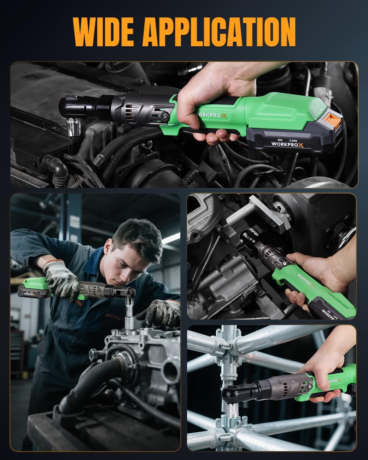 Green cordless ratchet wrench in an engine bay with installed socket on a fastener.