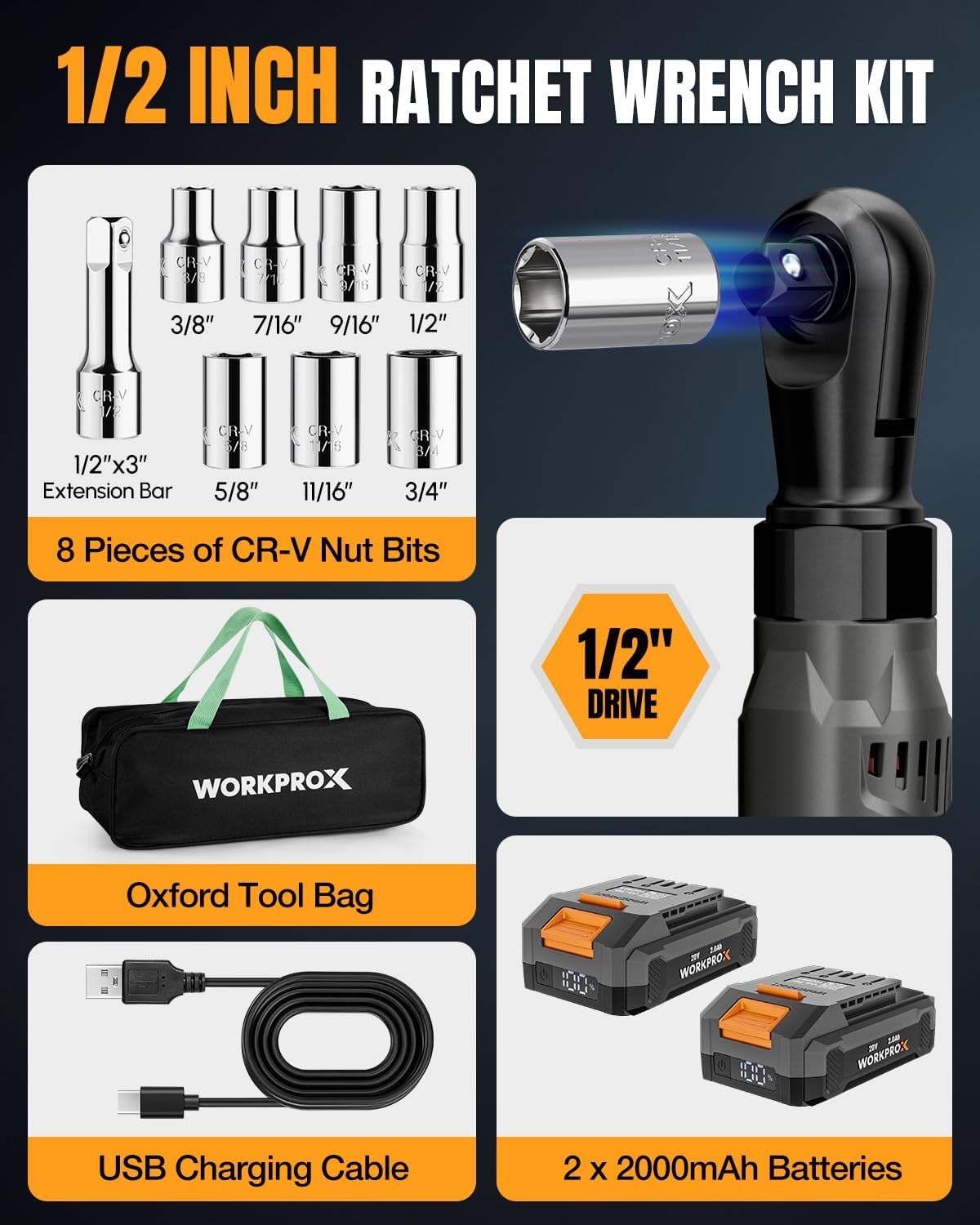 Cordless 1/2 inch ratchet wrench kit with sockets, bits, storage bag, and batteries
