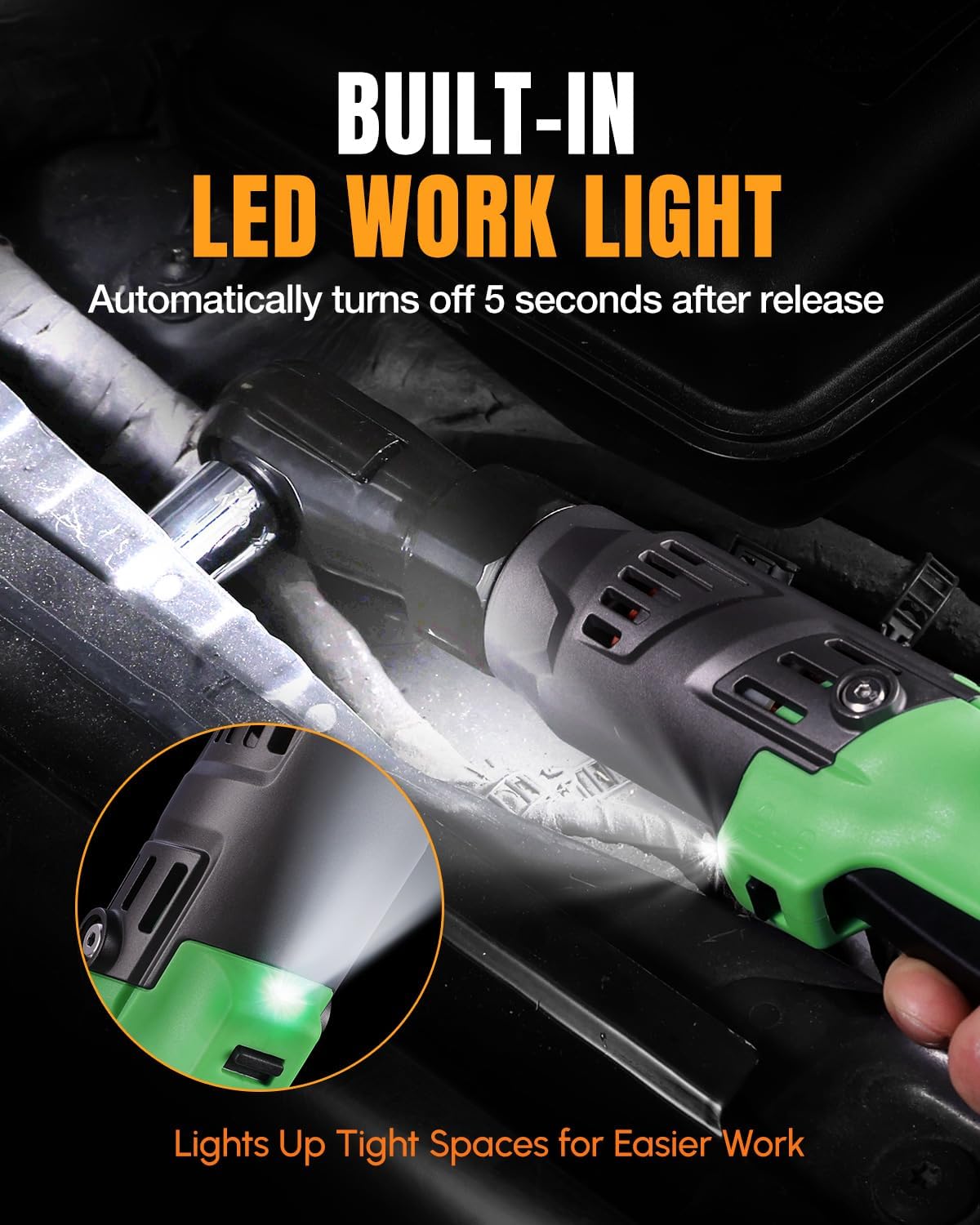 Cordless ratchet wrench with built-in LED work light illuminating a bolt area