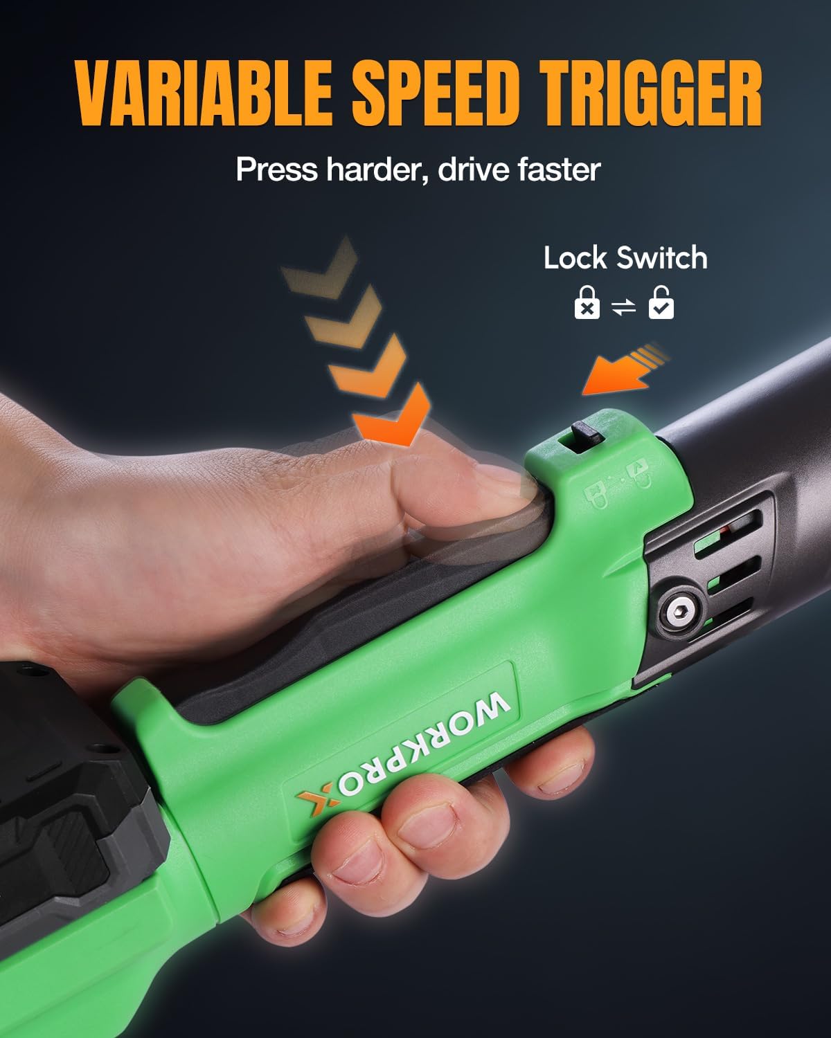 Cordless ratchet wrench close-up of green handle trigger and lock switch