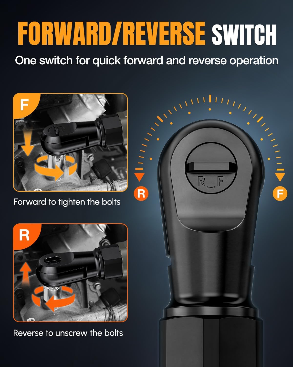 Cordless ratchet wrench forward and reverse switch on the handle housing