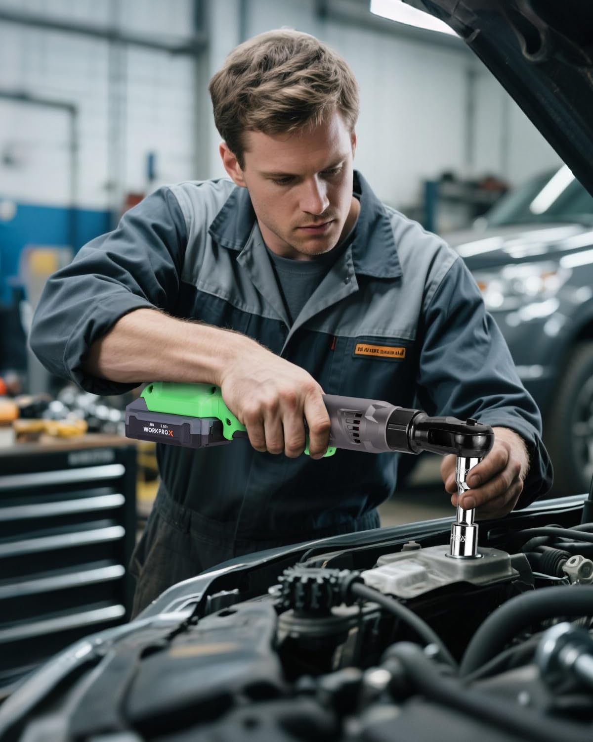 Technician using green cordless ratchet wrench on engine parts under the hood