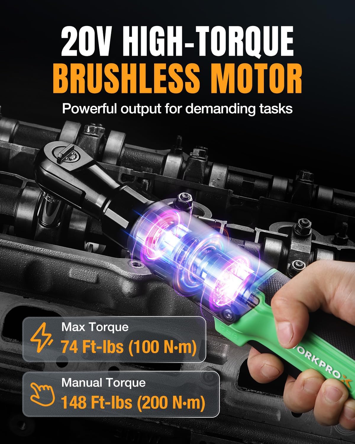 Cordless ratchet wrench with bright motor power highlight near the head
