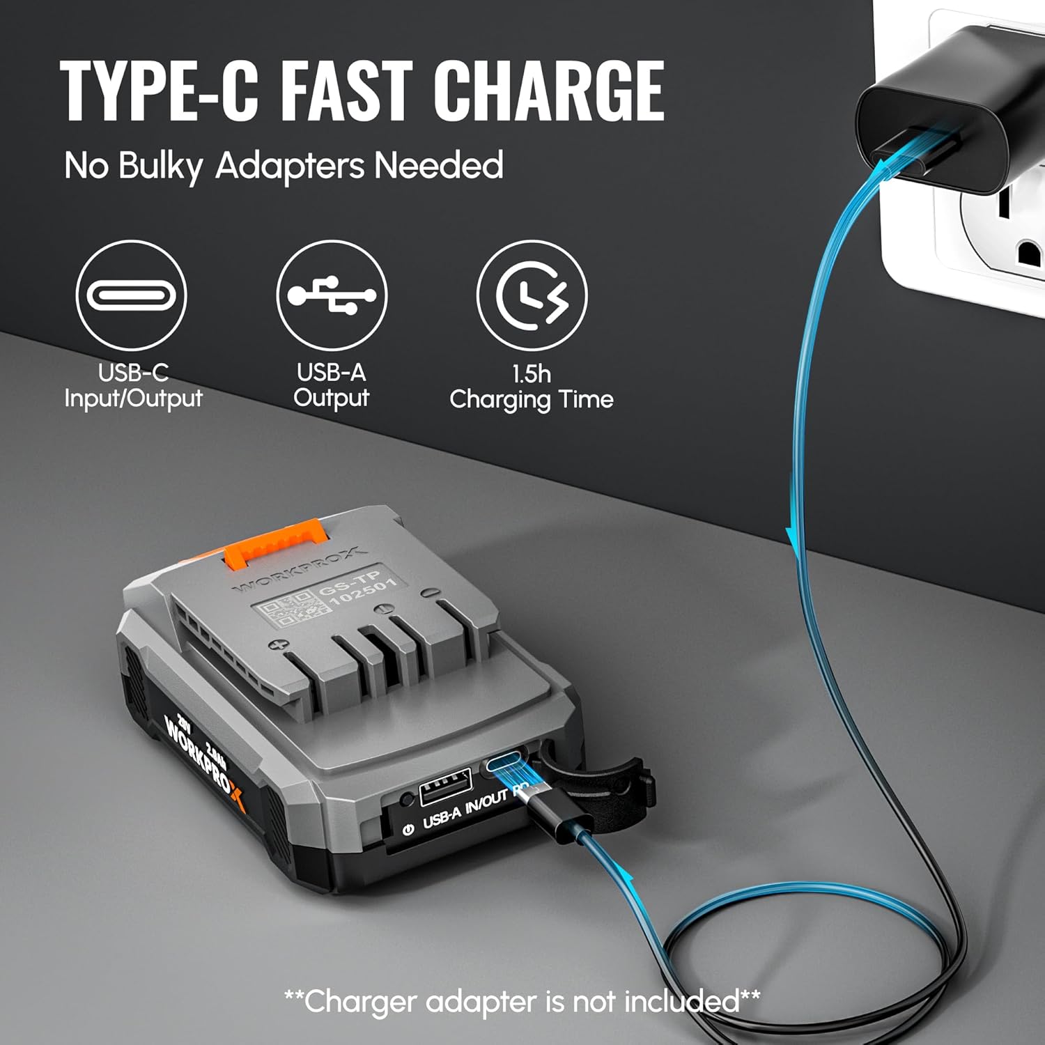 Gray WORKPROX 20V Li-ion battery pack with side ports, orange latch, and connected cables