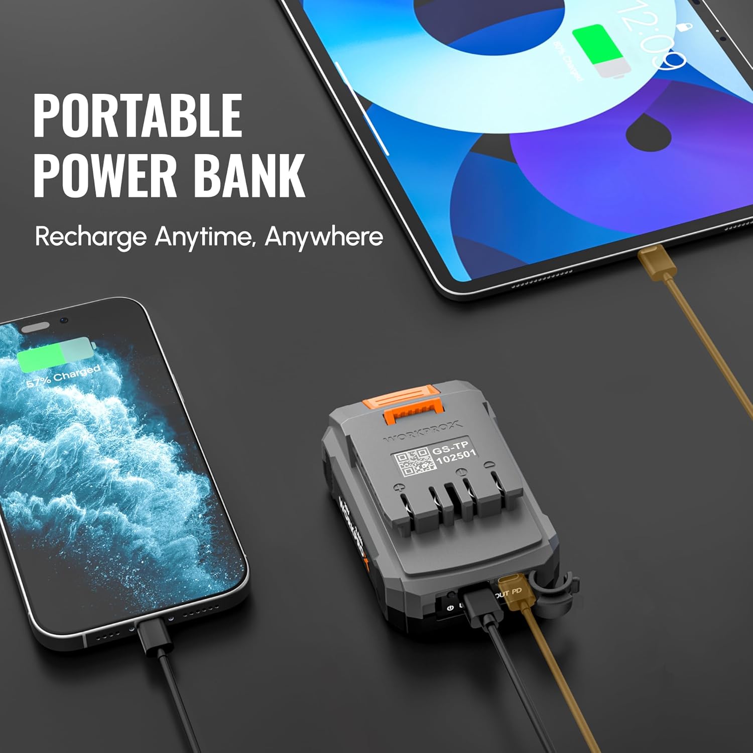 Gray WORKPROX 20V 2.0Ah Li-ion battery pack with orange latch and charging cable