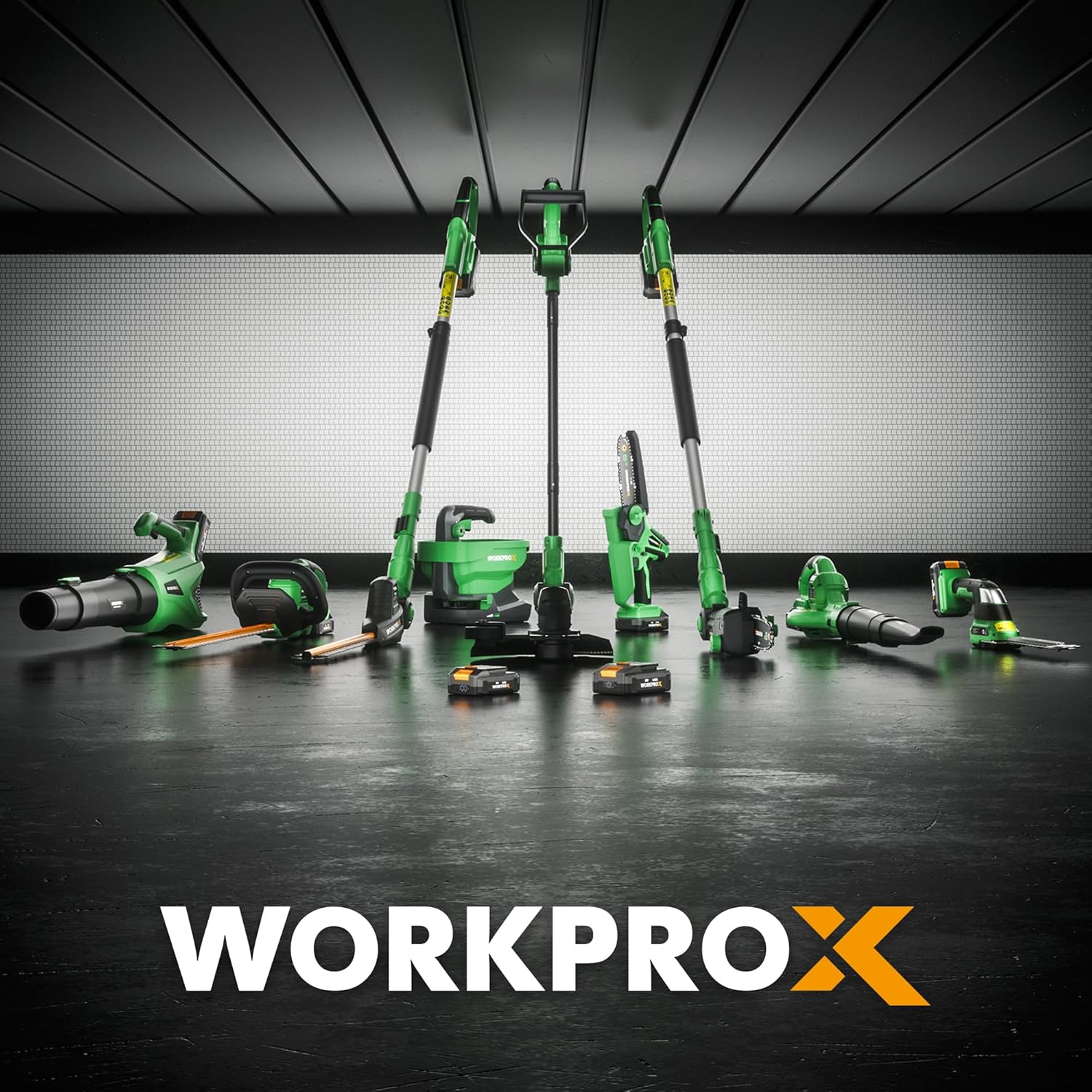 Assortment of green WORKPROX cordless tools arranged on the floor