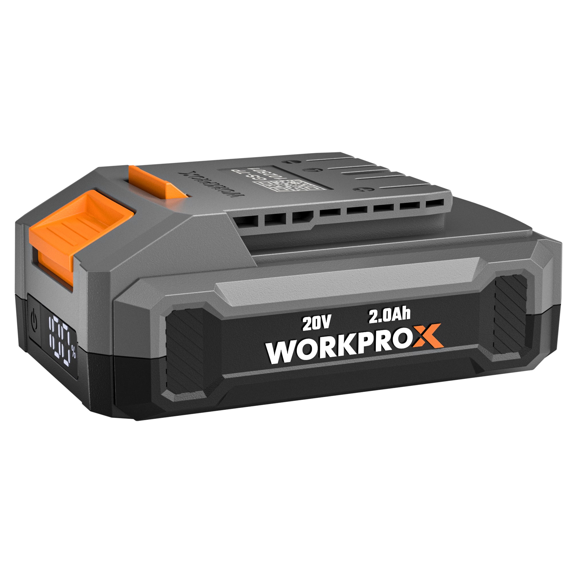 A WorkPro X 20V 2.0Ah cordless battery in gray and black with bright orange accents, shown at a three-quarter angle on a plain white background.
