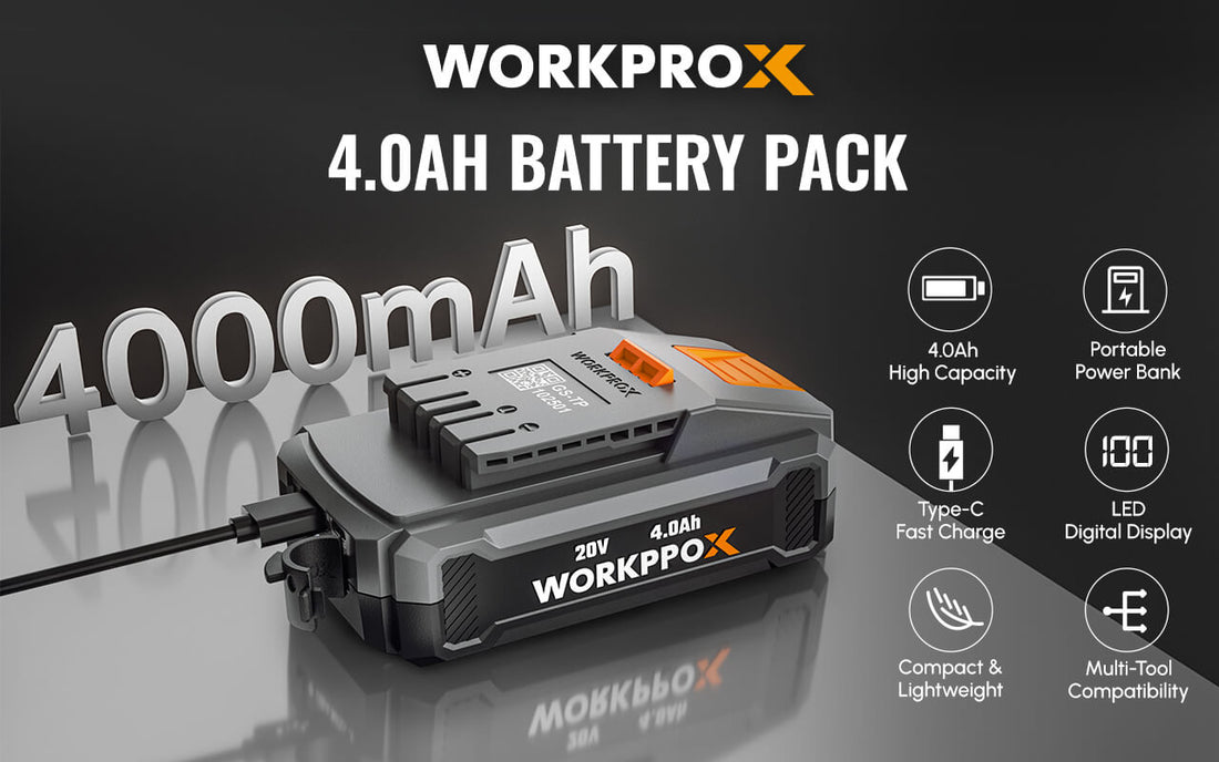 Workpro 4.0Ah battery pack with Type C fast charge, high capacity, and digital display on a gray device
