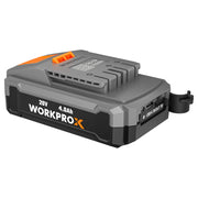 WORKPROX 20V 4.0Ah Li-ion battery pack, gray with orange accents and black base grip.