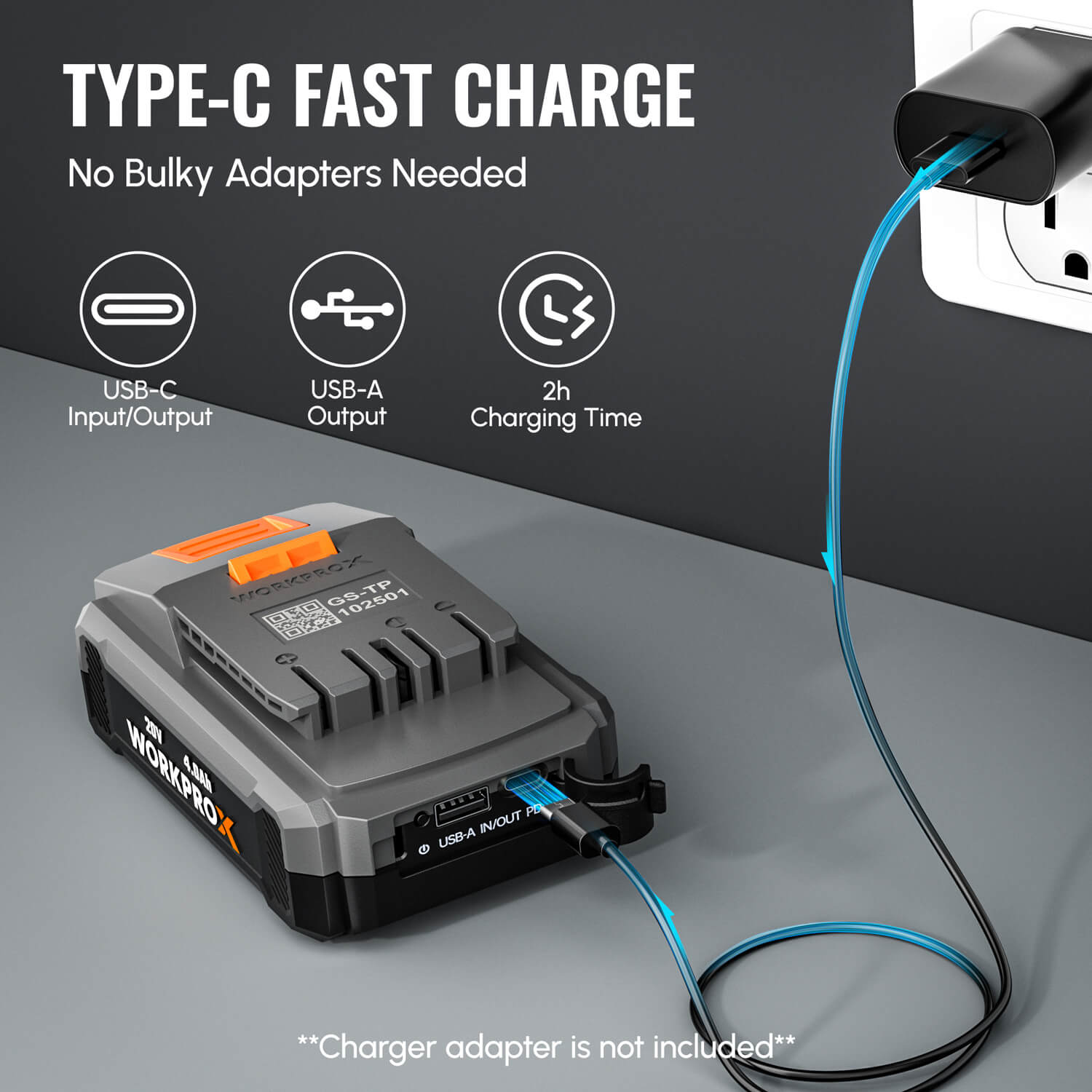 WORKPROX 20V Li-ion battery with USB-C fast-charge port and connected charging cable.