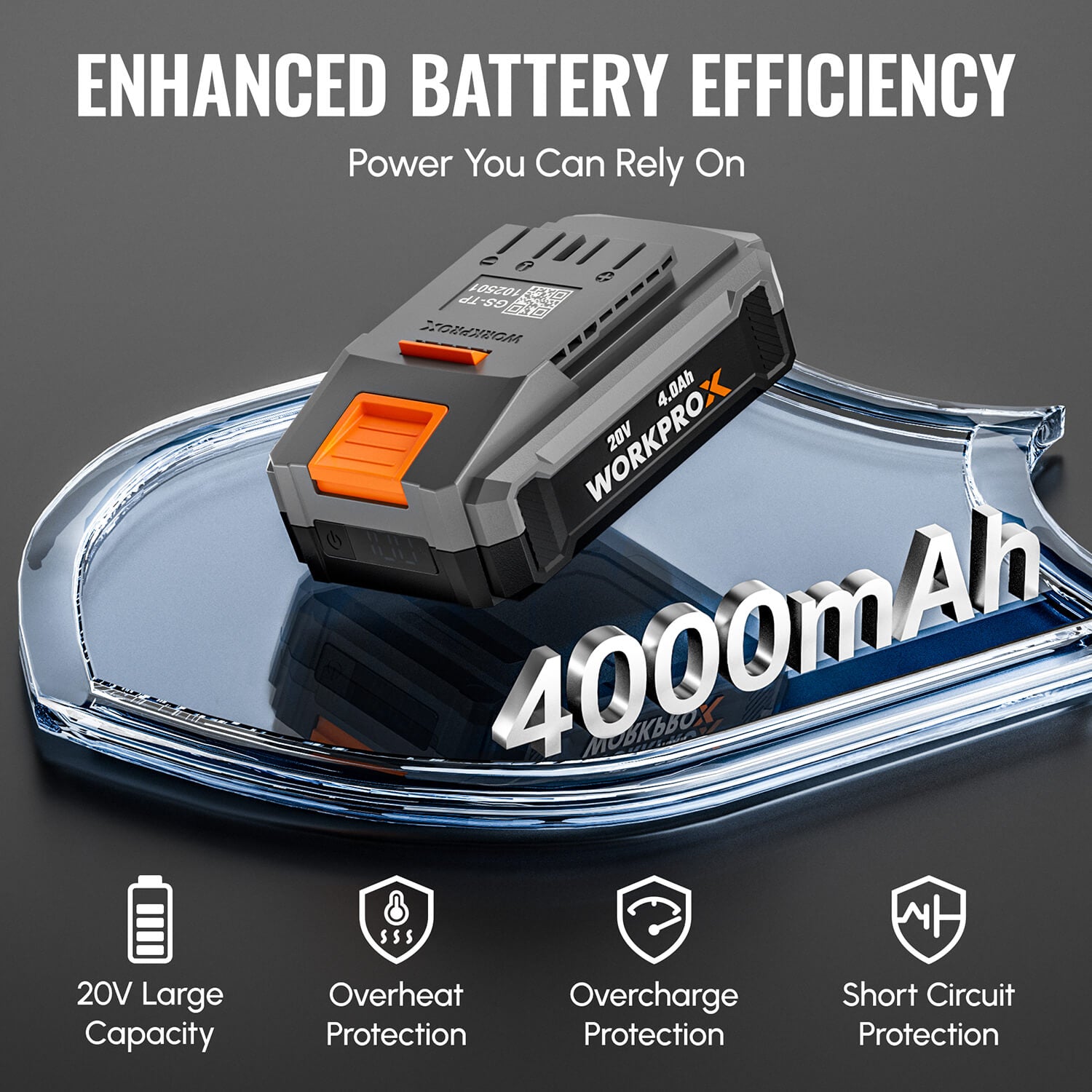 WORKPROX 20V Li-ion battery pack with vented top and orange release latch detail.