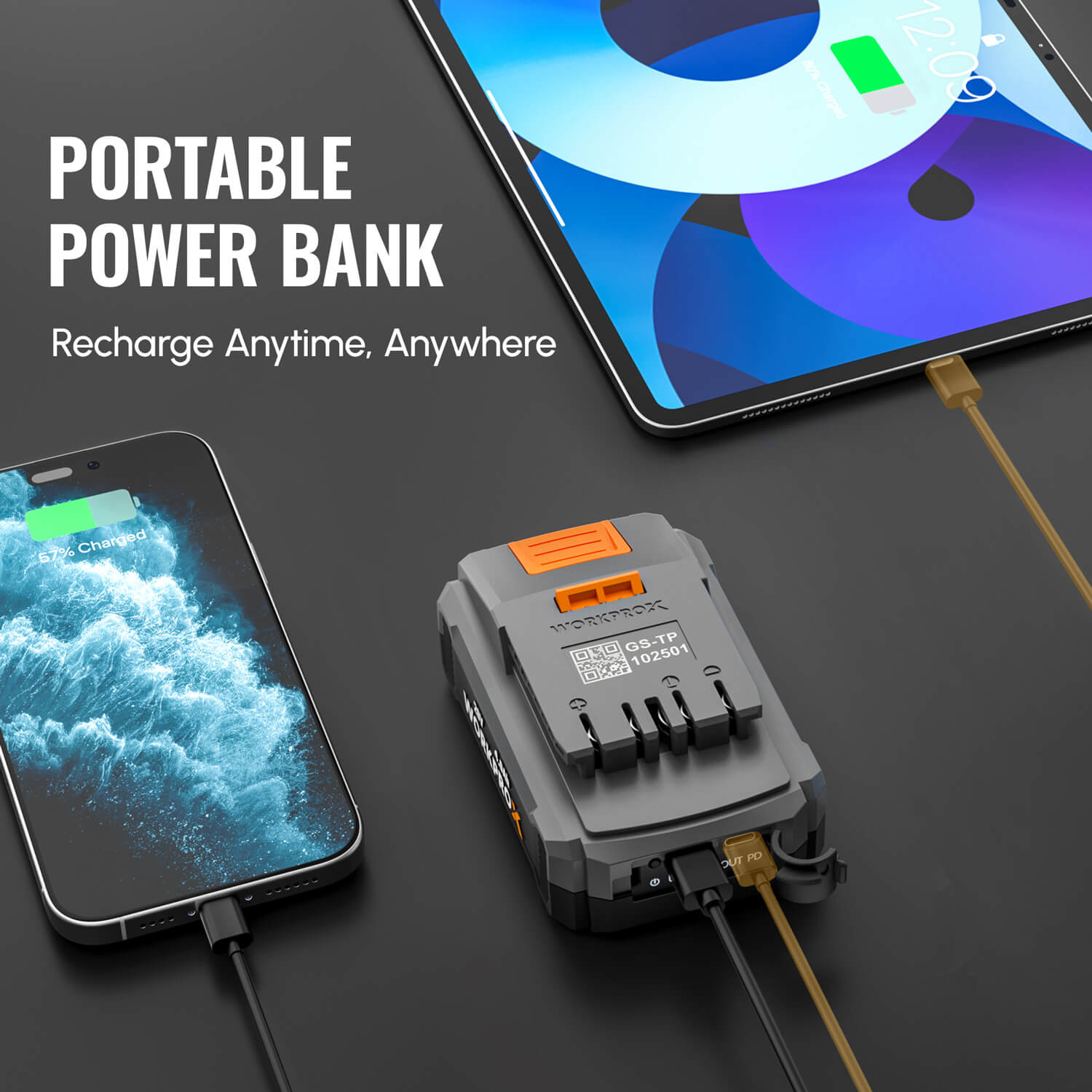 WORKPROX 20V Li-ion battery pack connected to charging cables for portable charging.