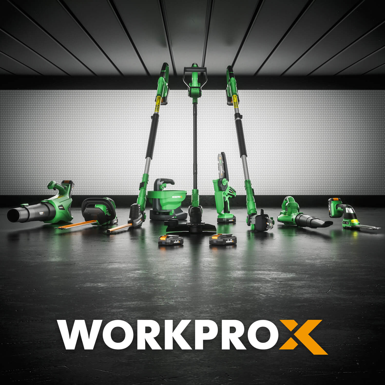 WORKPROX cordless power tool lineup on workbench with large WORKPROX logo below.