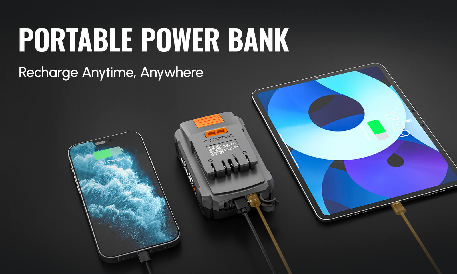 Portable power bank with innovation and quality text, charging phone and tablet on a dark background