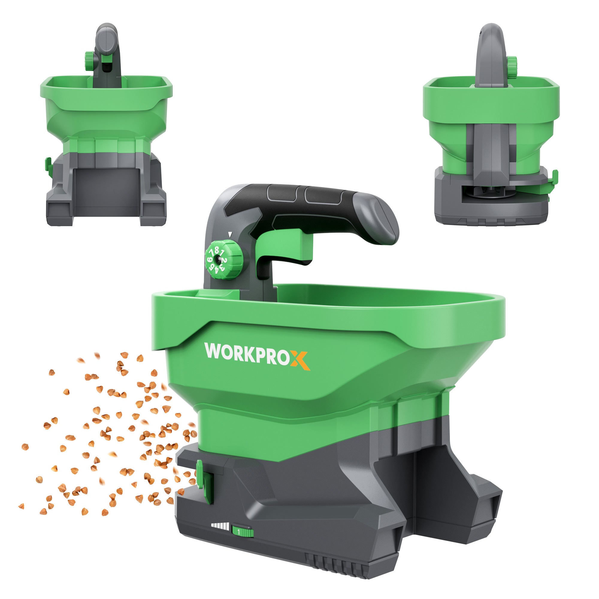 WORKPROX 7.2V rechargeable handheld seed fertilizer spreader in green and gray with innovation and secure control