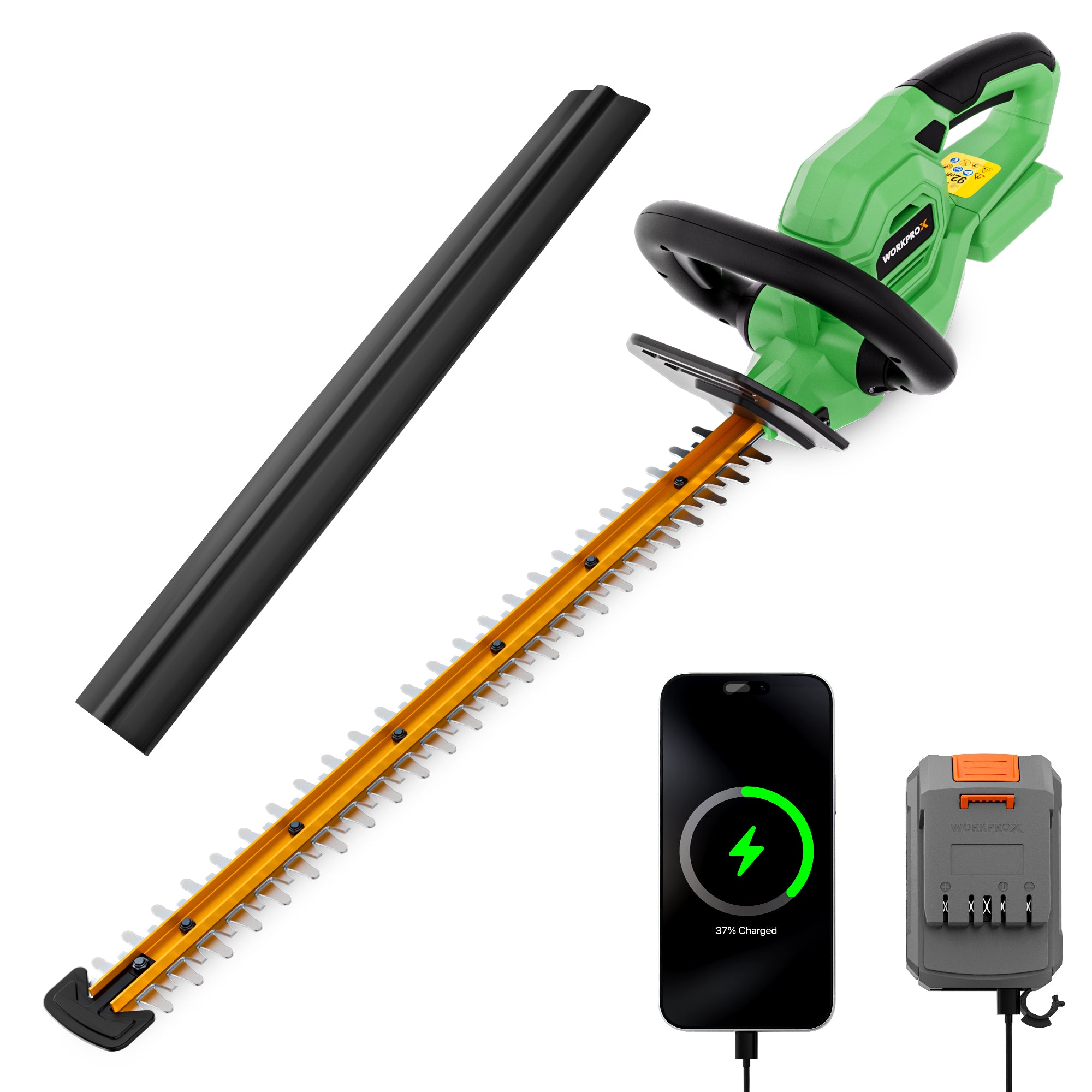 WORKPROX 20V Cordless Hedge Trimmer in green and black with innovation, quality, and durable steel blades