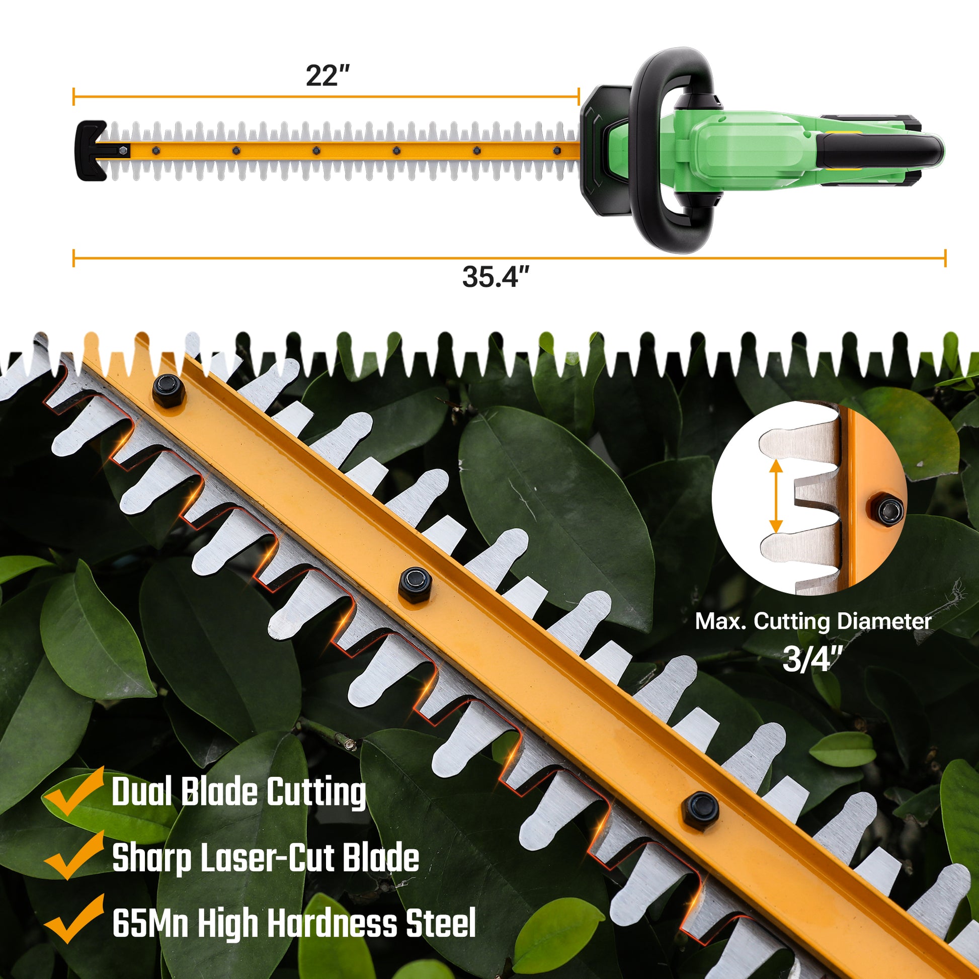 Orange and black 22-inch hedge trimmer blade with dual cutting edge