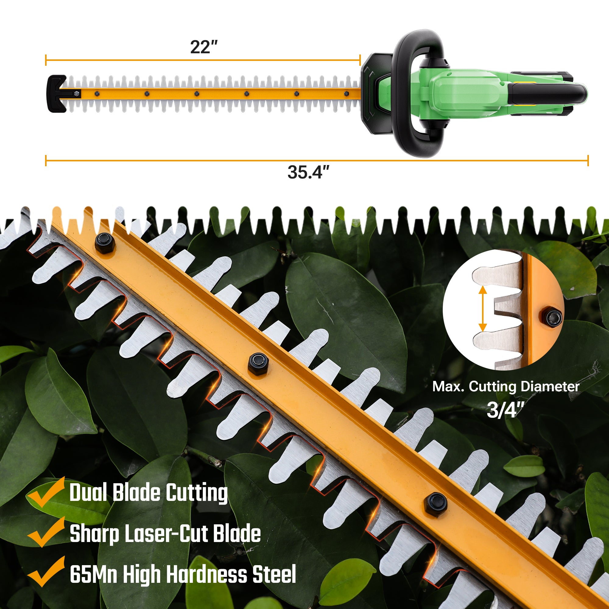 Orange and black 22-inch hedge trimmer blade with dual cutting edge