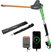 Cordless pole hedge trimmer kit with green handle, black shaft, rotating head, battery and charger