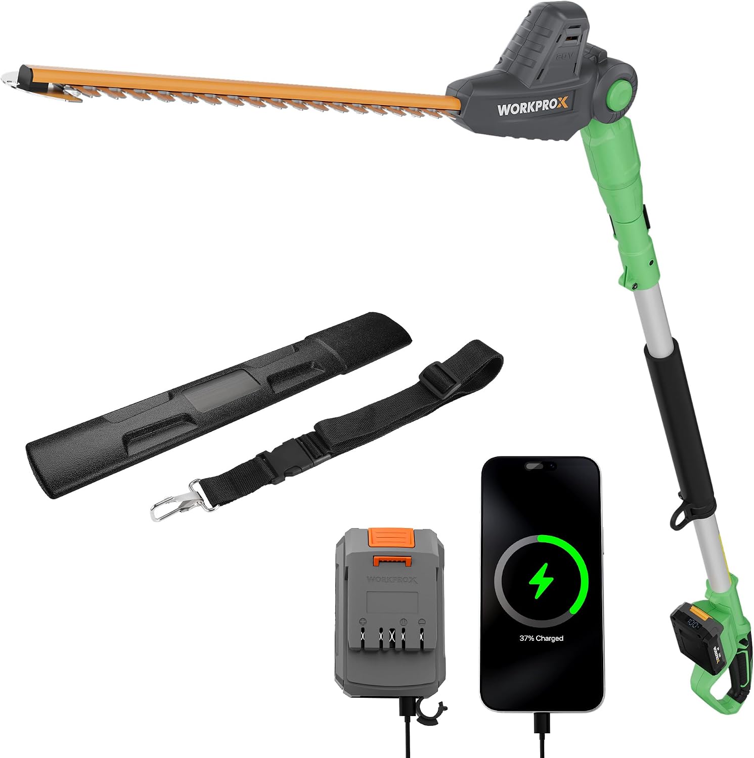 Cordless pole hedge trimmer kit with green handle, black shaft, rotating head, battery and charger