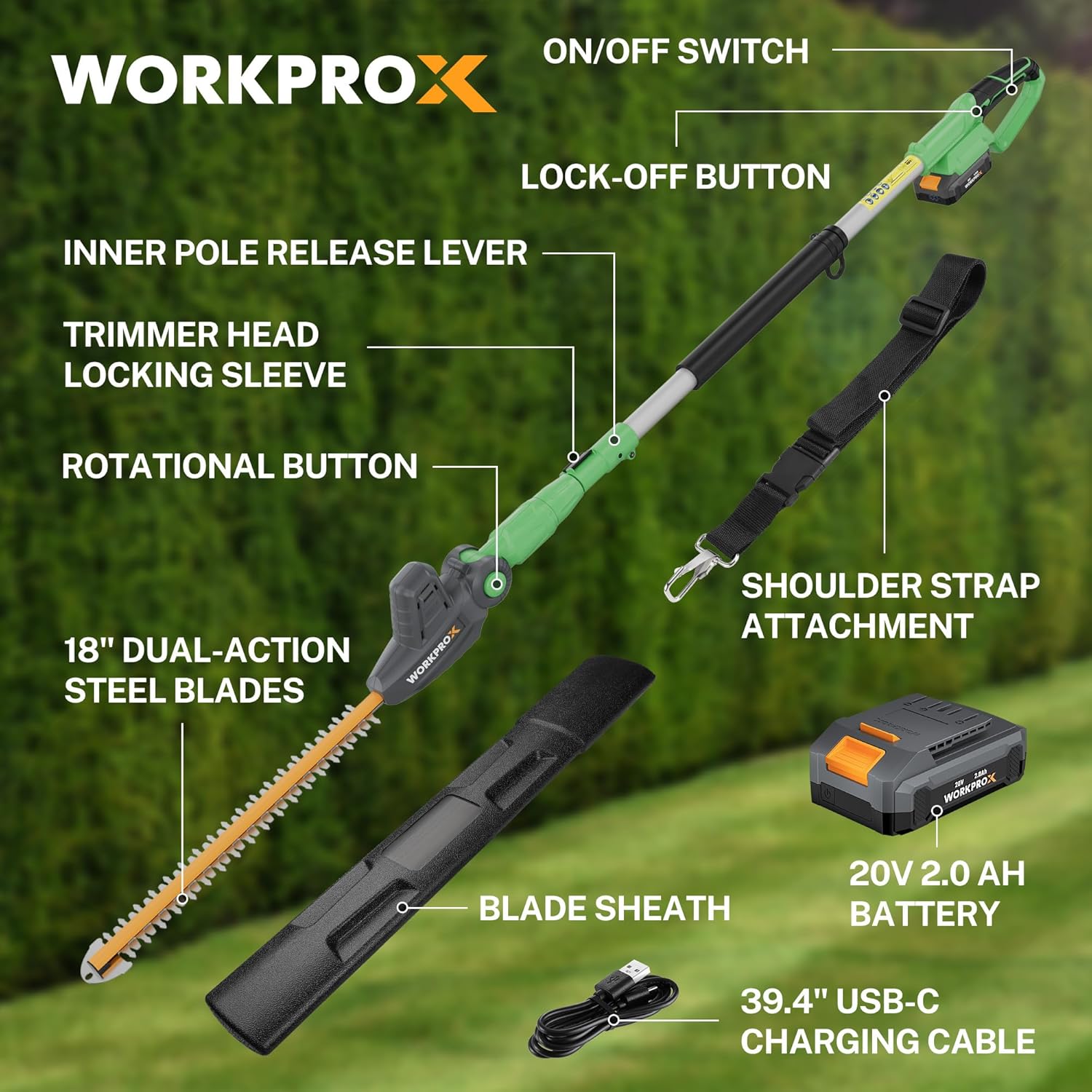 Green and black cordless pole hedge trimmer with adjustable locking sleeves and rotating trimming head