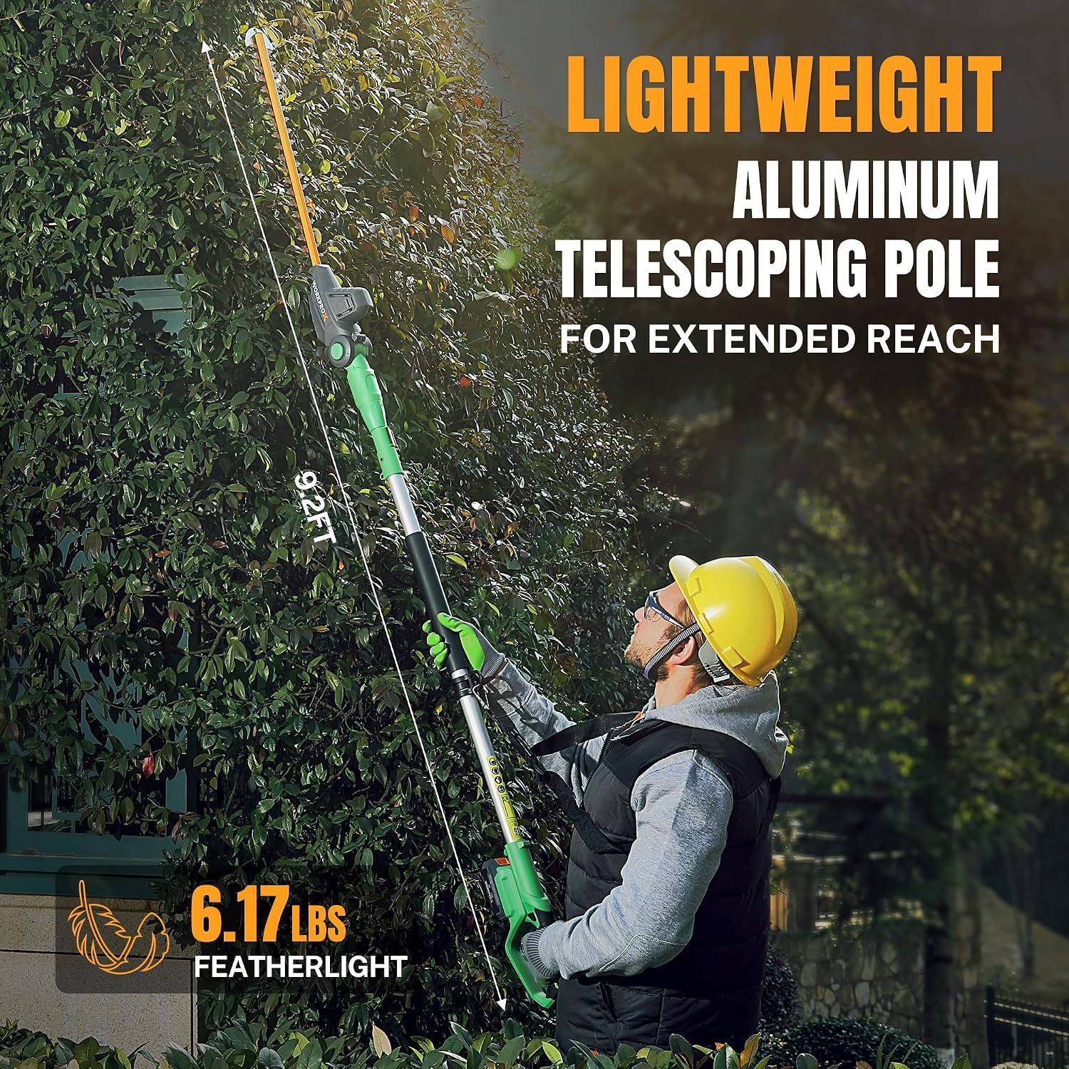 Lightweight green and black telescoping pole hedge trimmer for extended reach