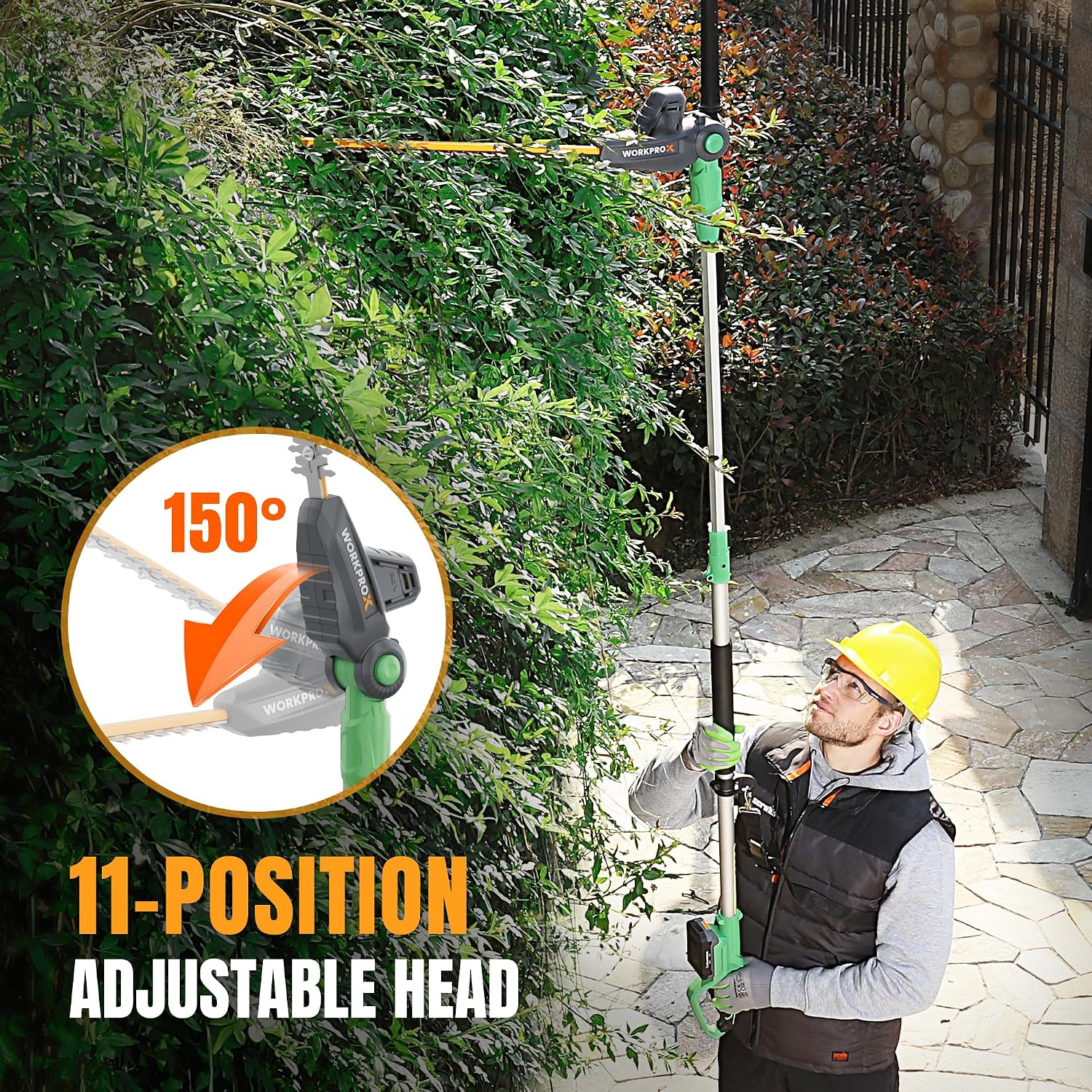 Cordless pole hedge trimmer with 150° adjustable head and long extension shaft
