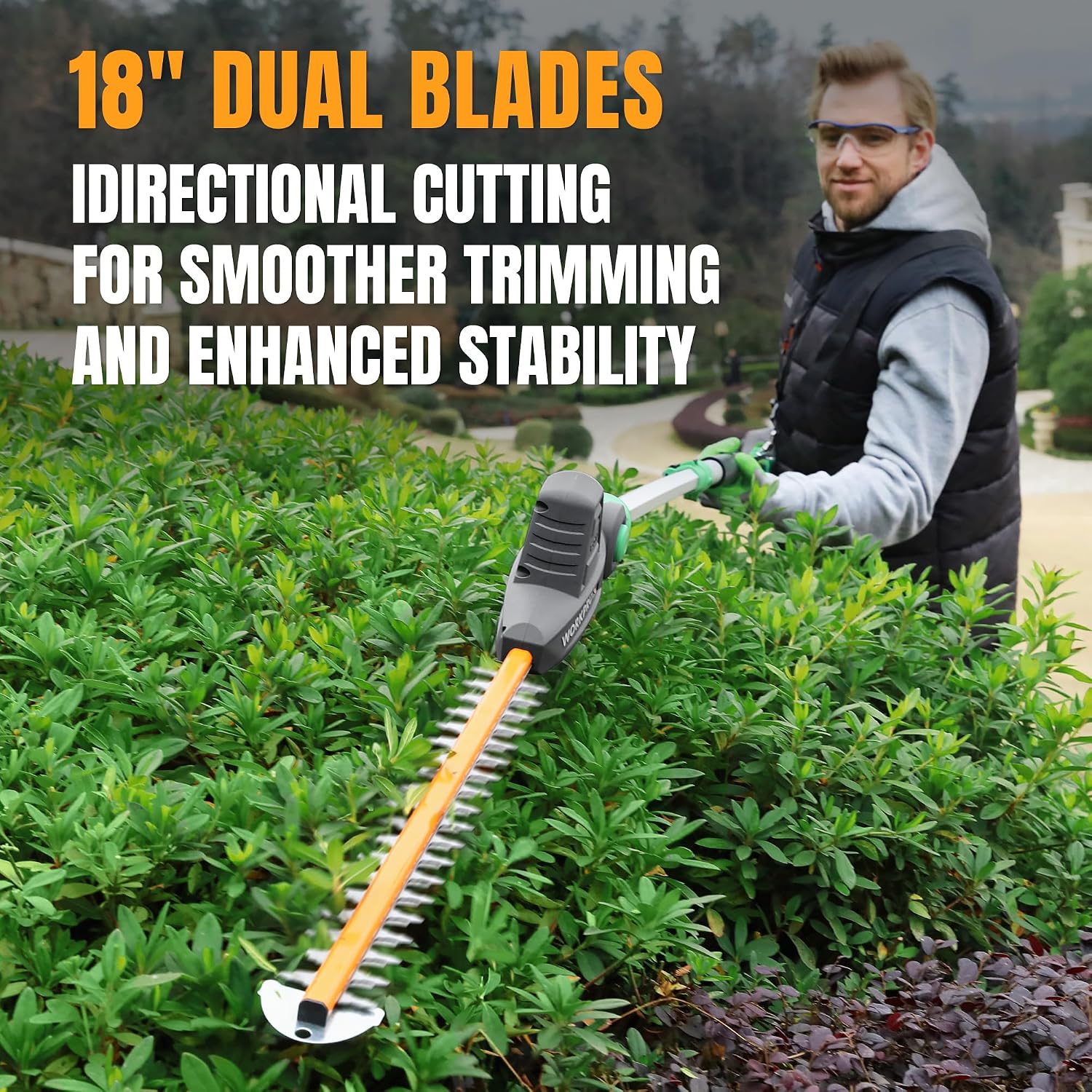 Cordless pole hedge trimmer with 18-inch dual blades and directional cutting blade head