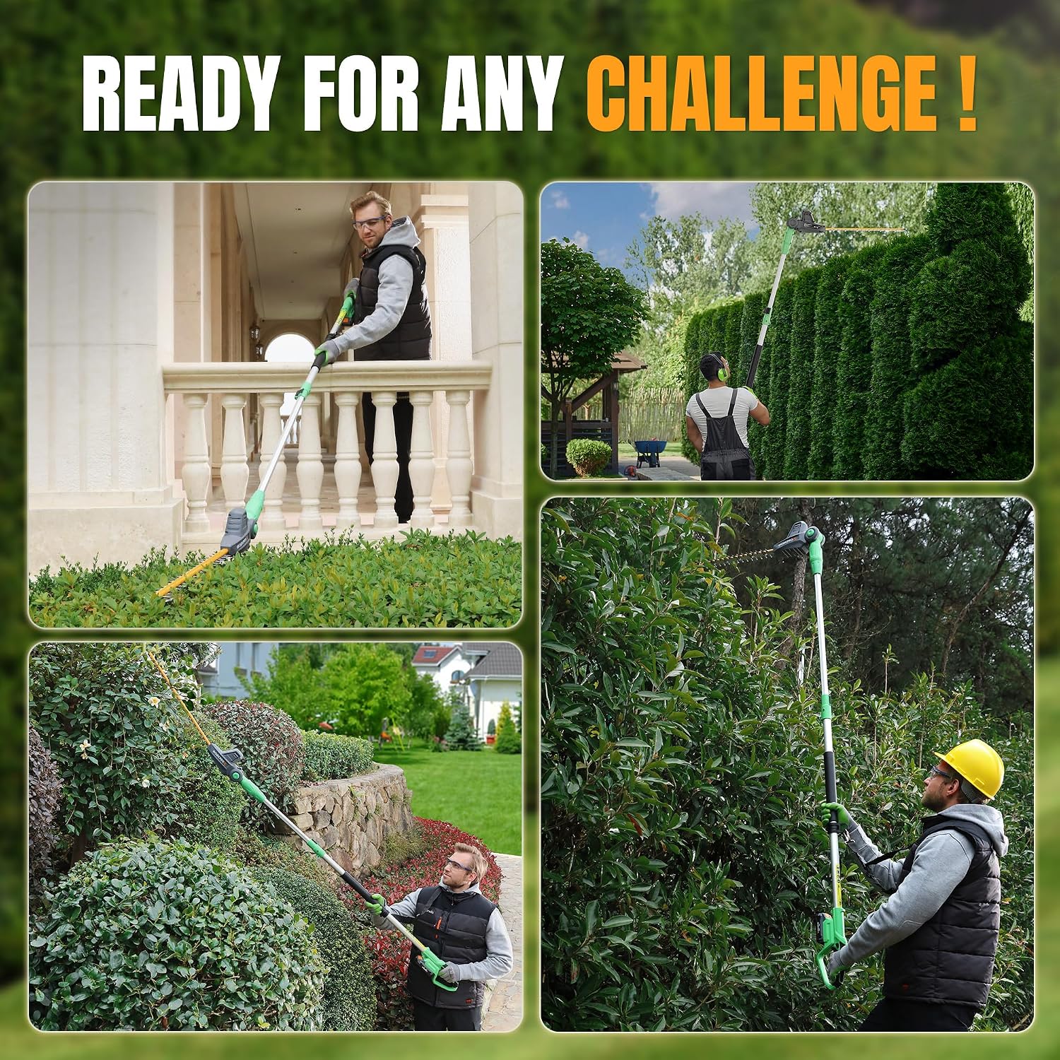 Cordless pole hedge trimmer used to trim tall hedges along fences and garden walkways