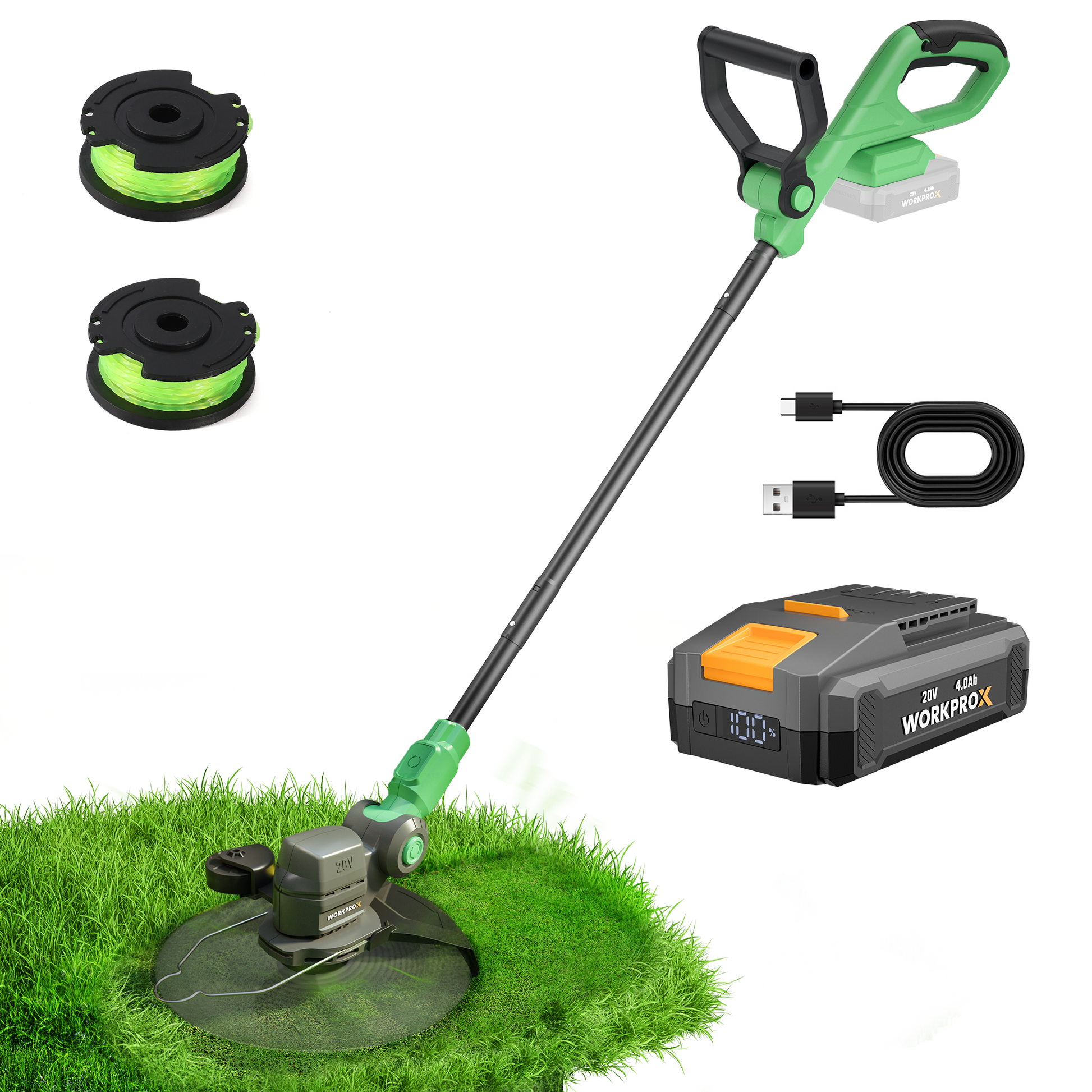 Green and black cordless string trimmer shown with a grass cutting head in use on grass, plus two spare spools, a USB charging cable, and a WORK20X battery pack on a white background.