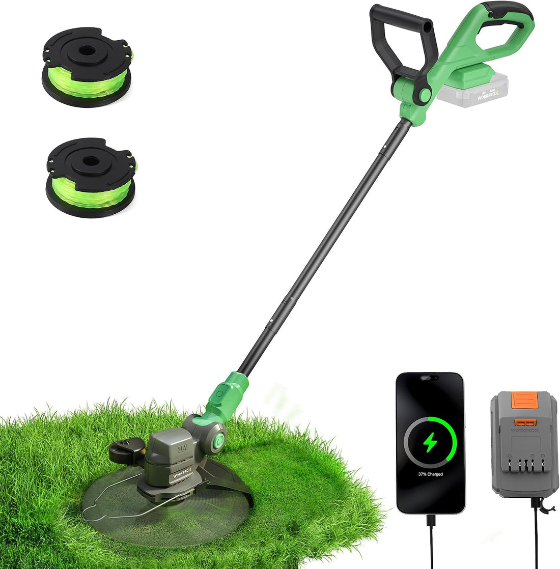 WORKPROX 2-in-1 lawn edger and weed trimmer, green head, with two spool lines