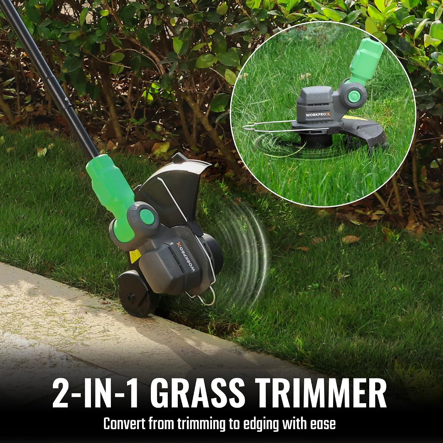 WORKPROX 2-in-1 lawn edger and weed trimmer on grass with black guard and green handle