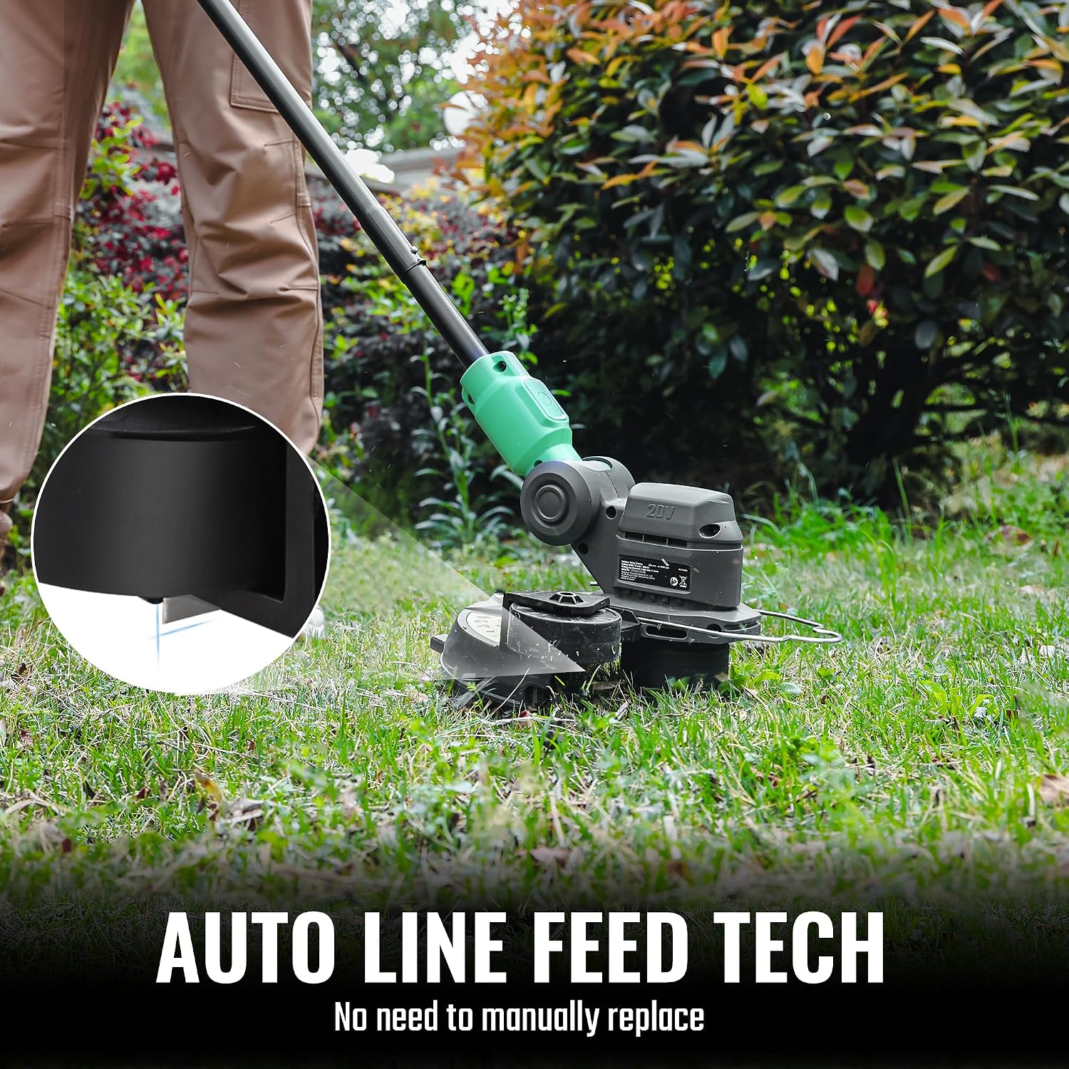 WORKPROX 2-in-1 lawn edger and weed trimmer with flower guard near garden shrubs