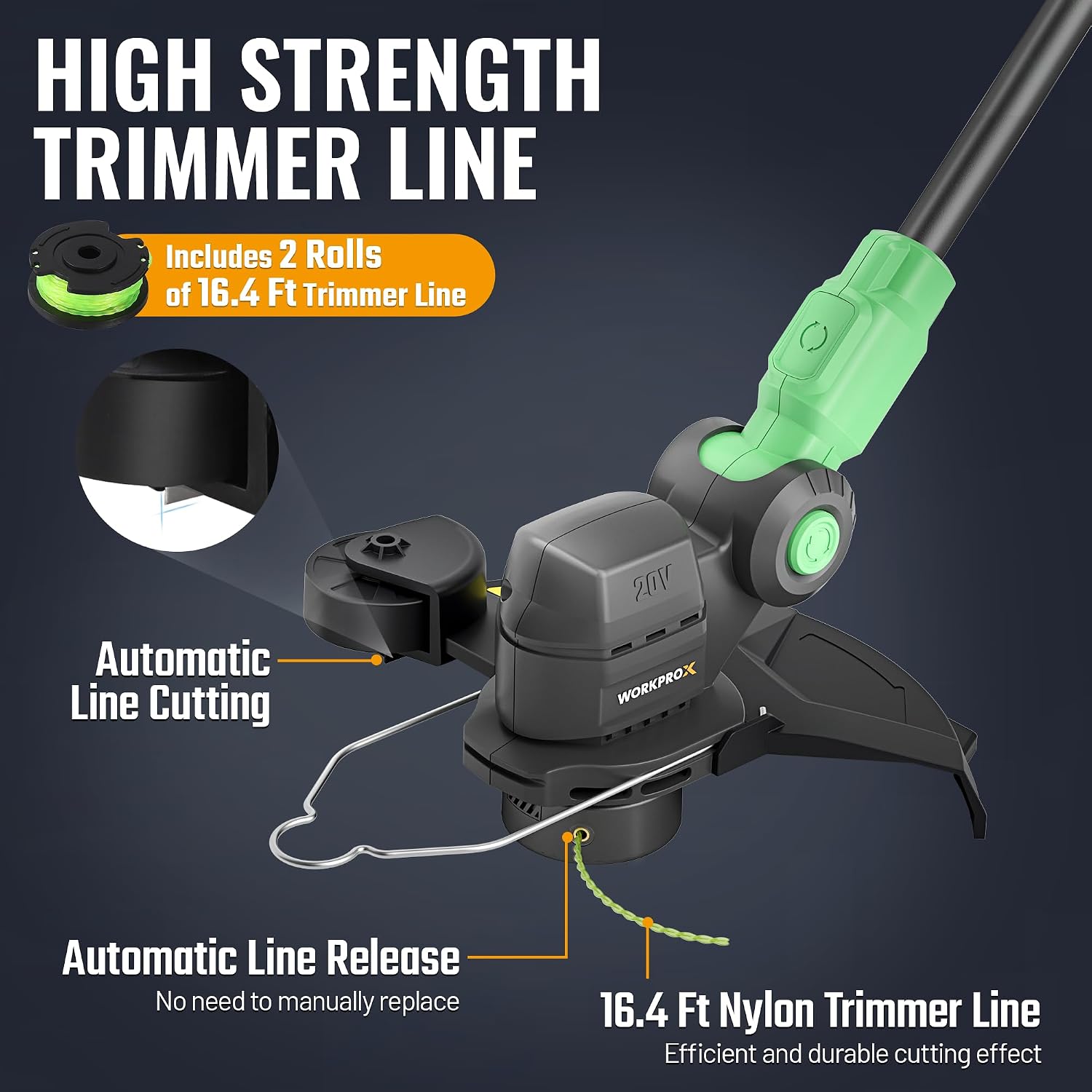 WORKPROX trimmer line spool and cutting head with green accents, includes auto line cutting