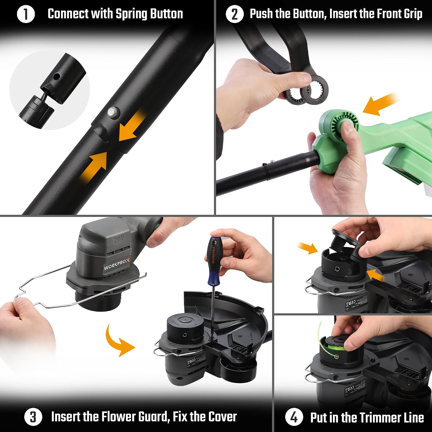 WORKPROX trimmer line head and guard assembly steps, green/black parts