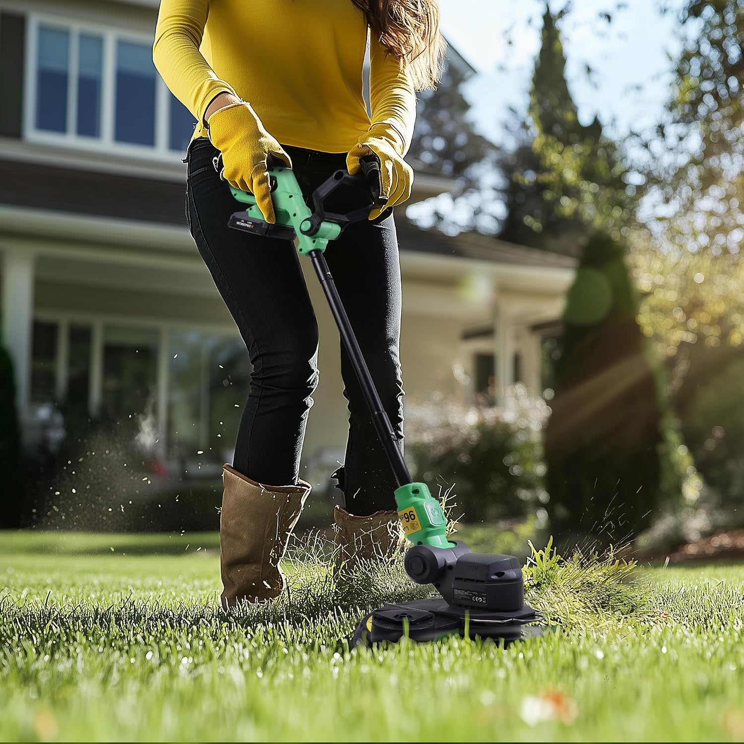 WORKPROX 2-in-1 lawn edger and weed trimmer in use with green handle on lawn