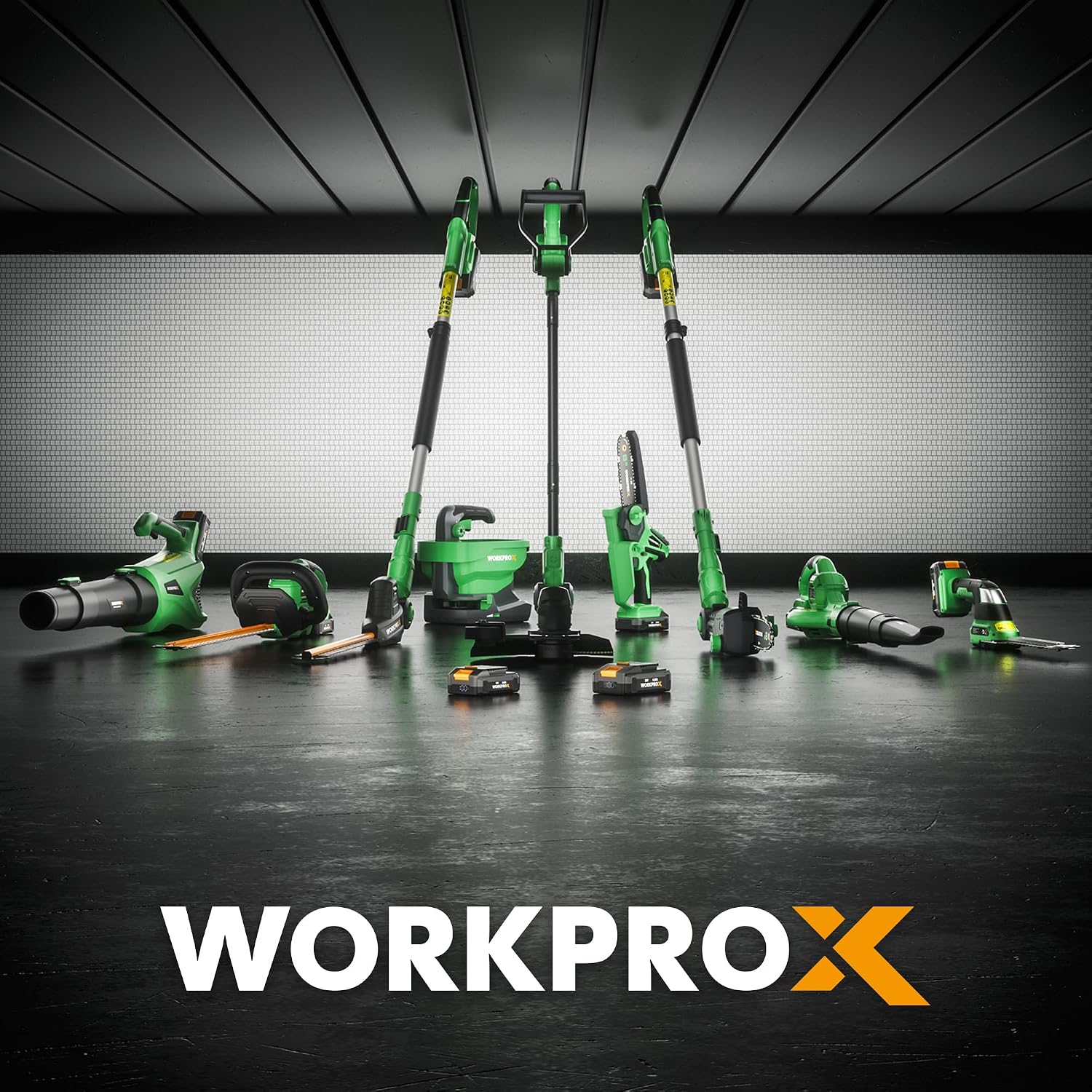 WORKPROX 2-in-1 lawn edger and weed trimmer set with multiple green cordless tools
