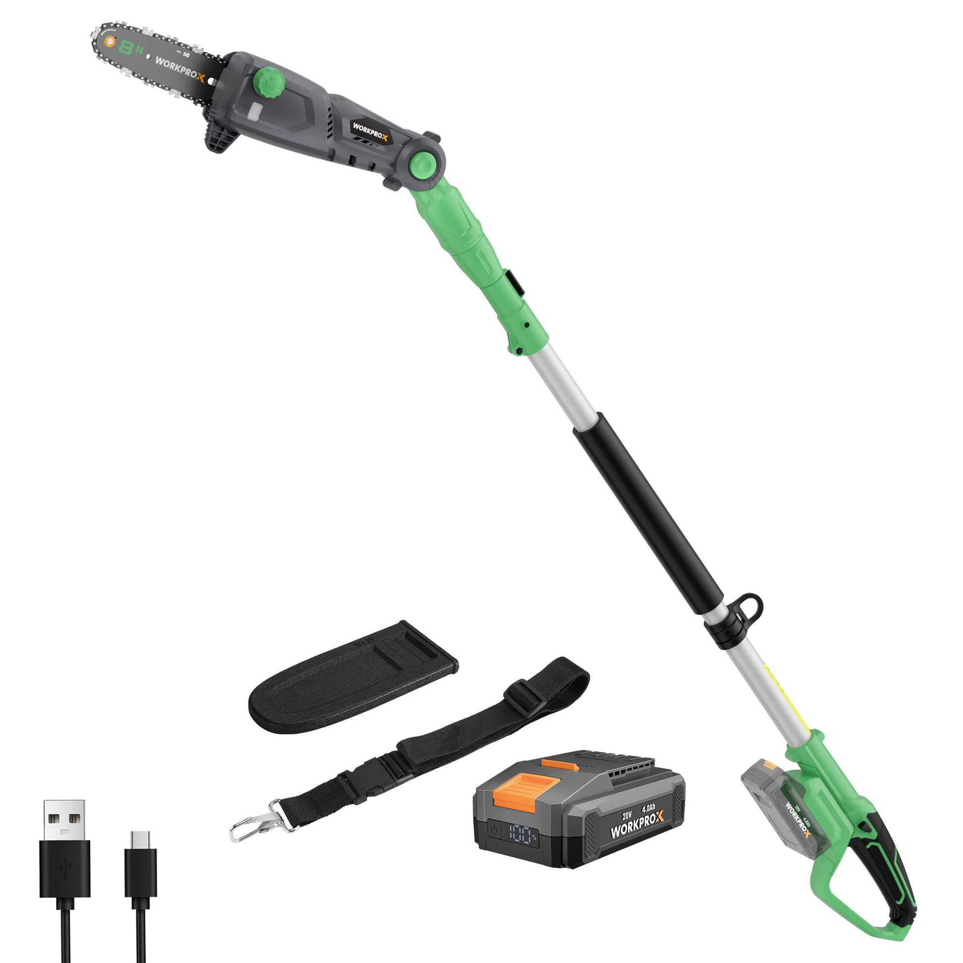 Cordless pole saw with green-and-gray telescopic pole, chain bar, battery pack, and strap