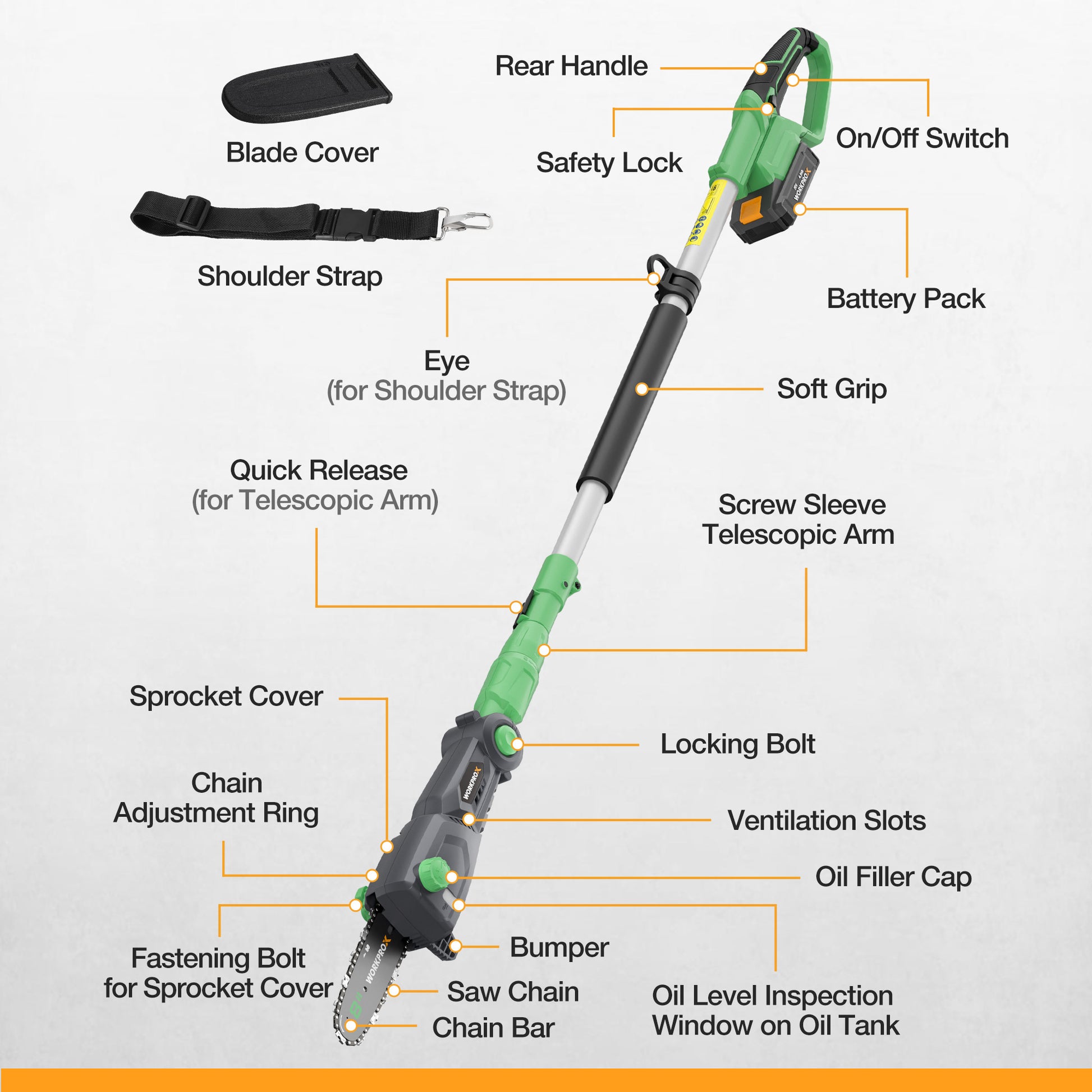 Cordless pole saw with telescopic arm, chain bar, safety lock, oil cap, and shoulder strap