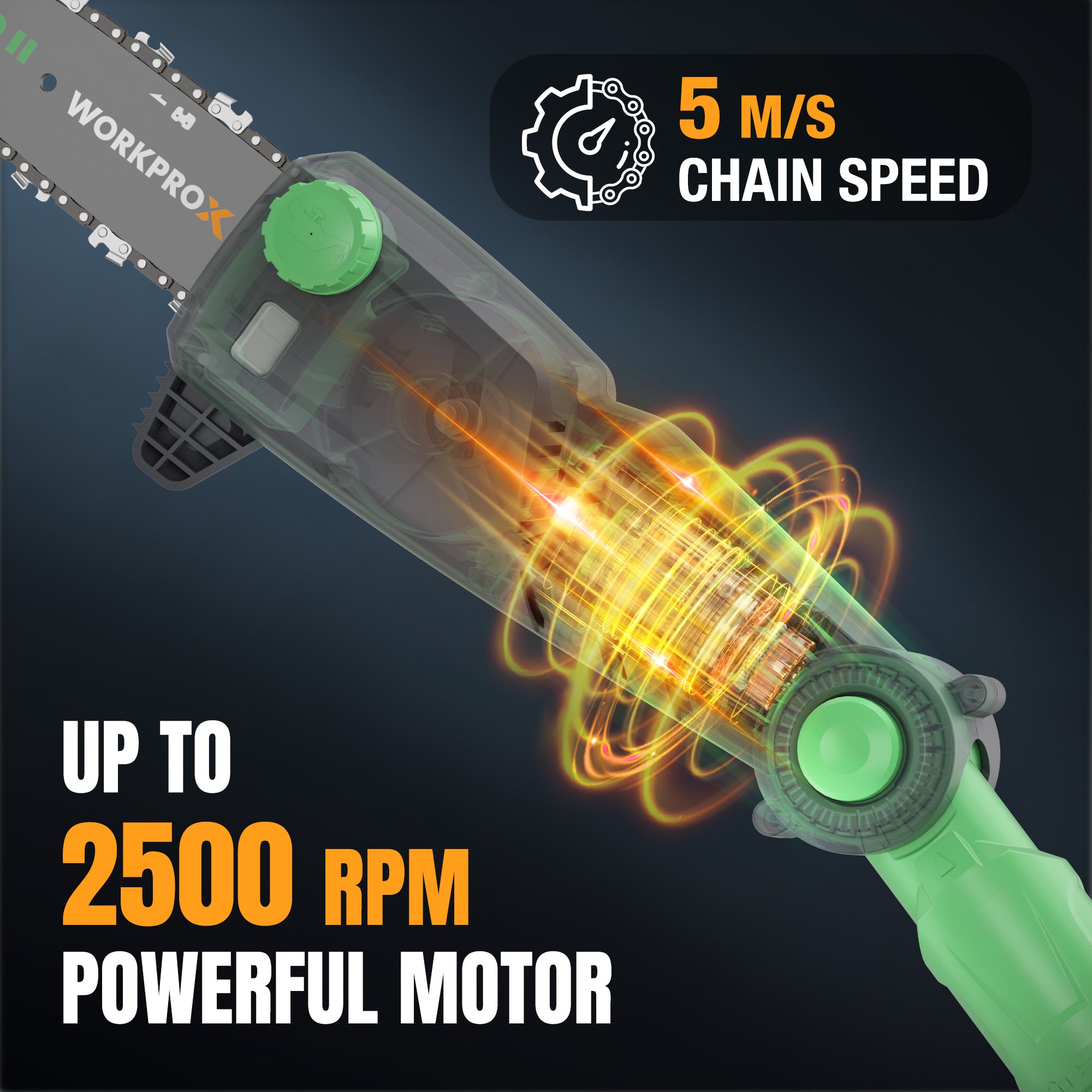 Cordless pole saw with green motor housing and long chain bar, angled for cutting
