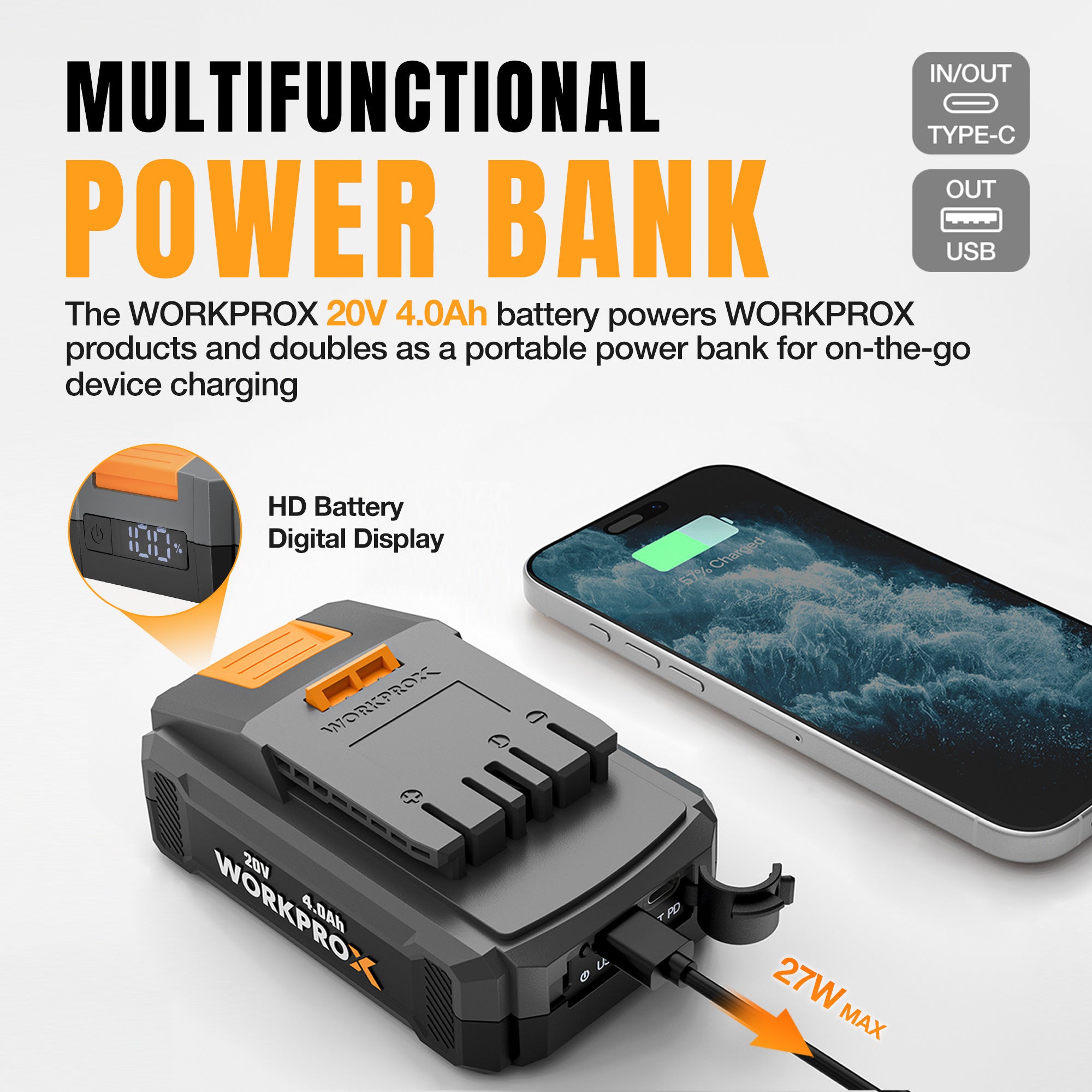 WORKPROX 20V battery pack next to a smartphone for portable power charging