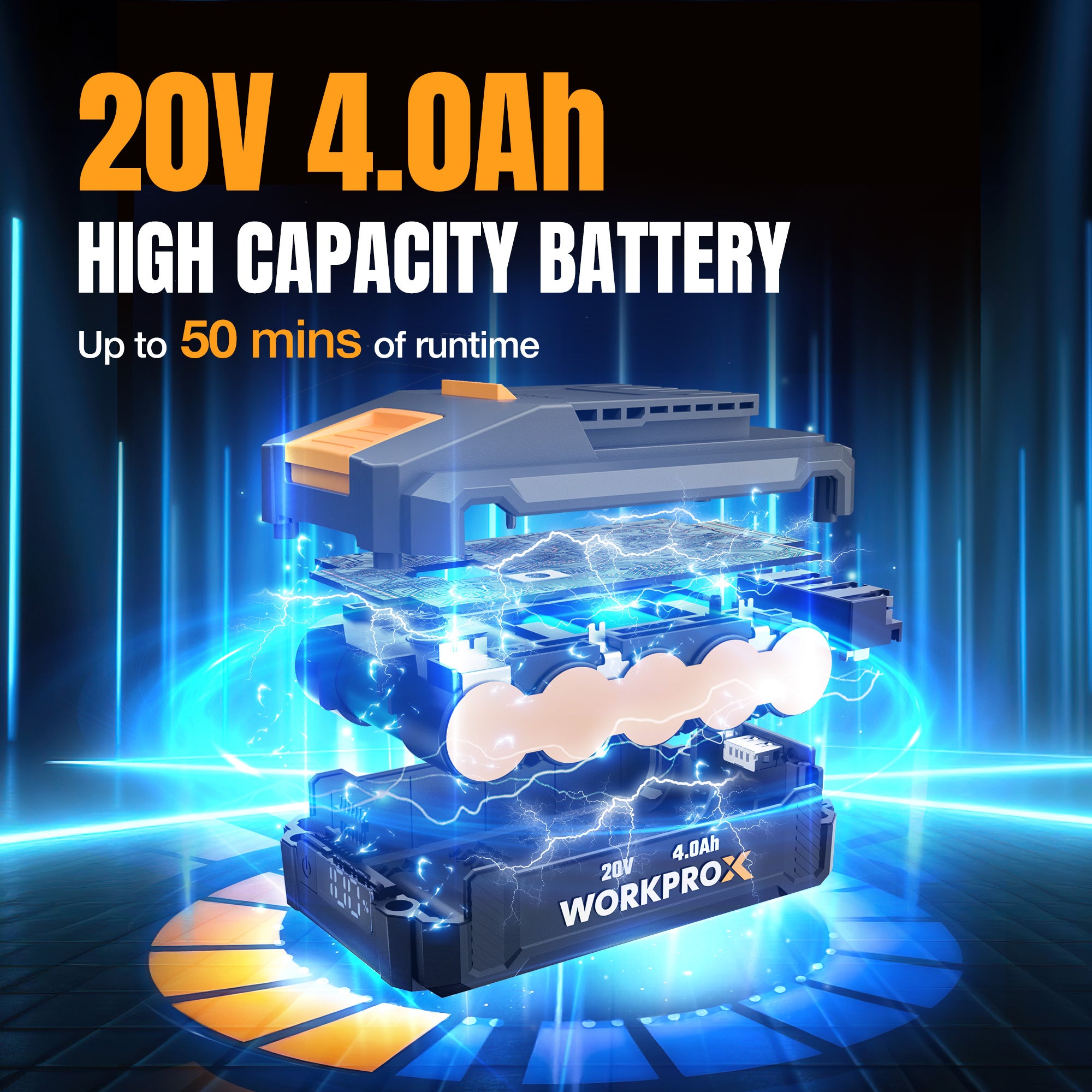 WORKPROX 20V 4.0Ah high-capacity battery pack with glowing internal design