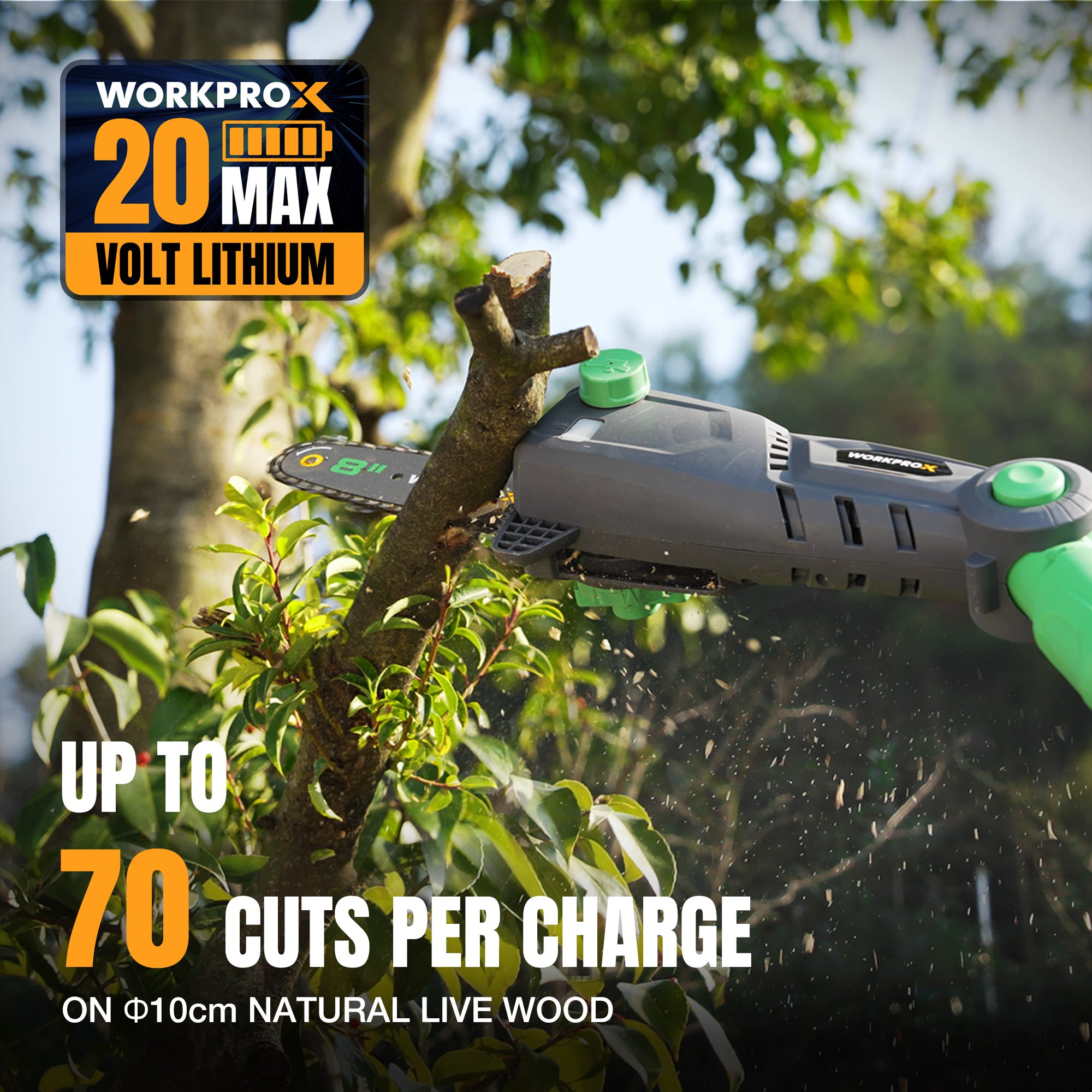 Cordless pole saw cutting small branches with chain bar and green guide nose