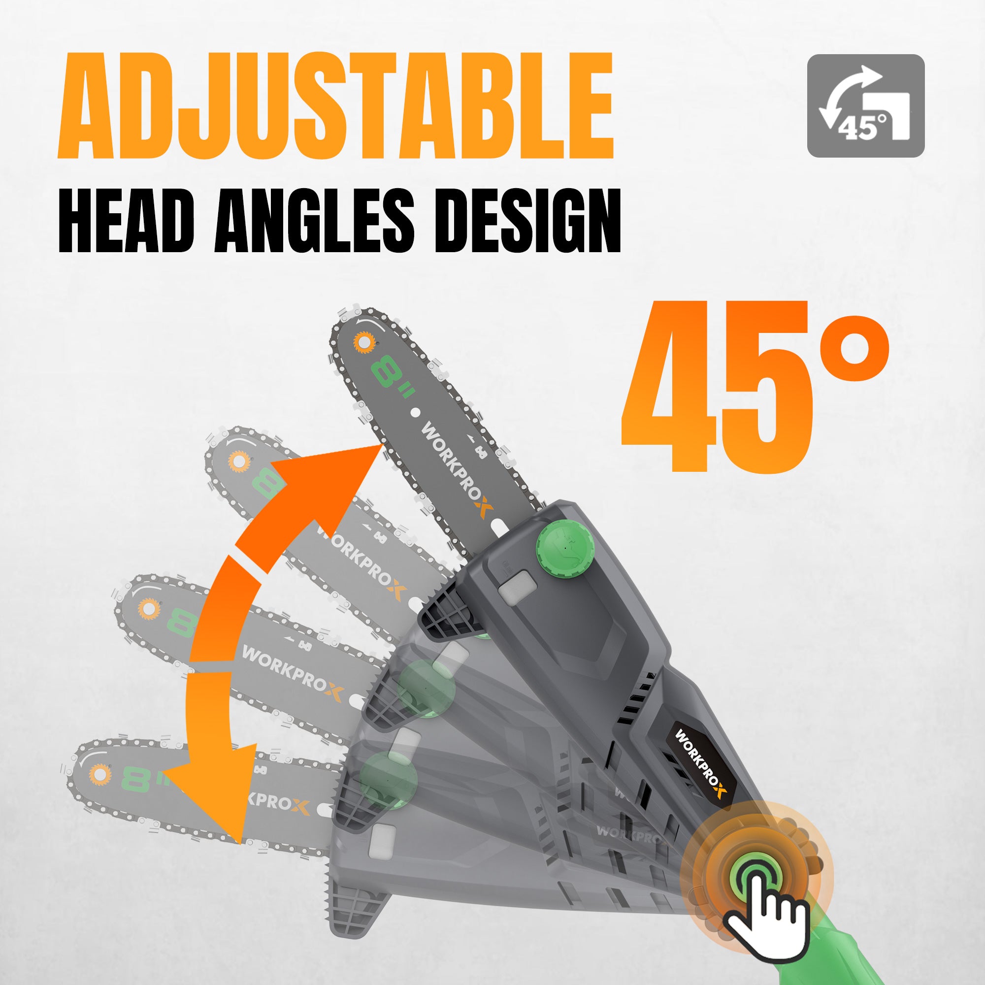 Cordless pole saw head with chain bar, showing adjustable 45-degree angle mechanism