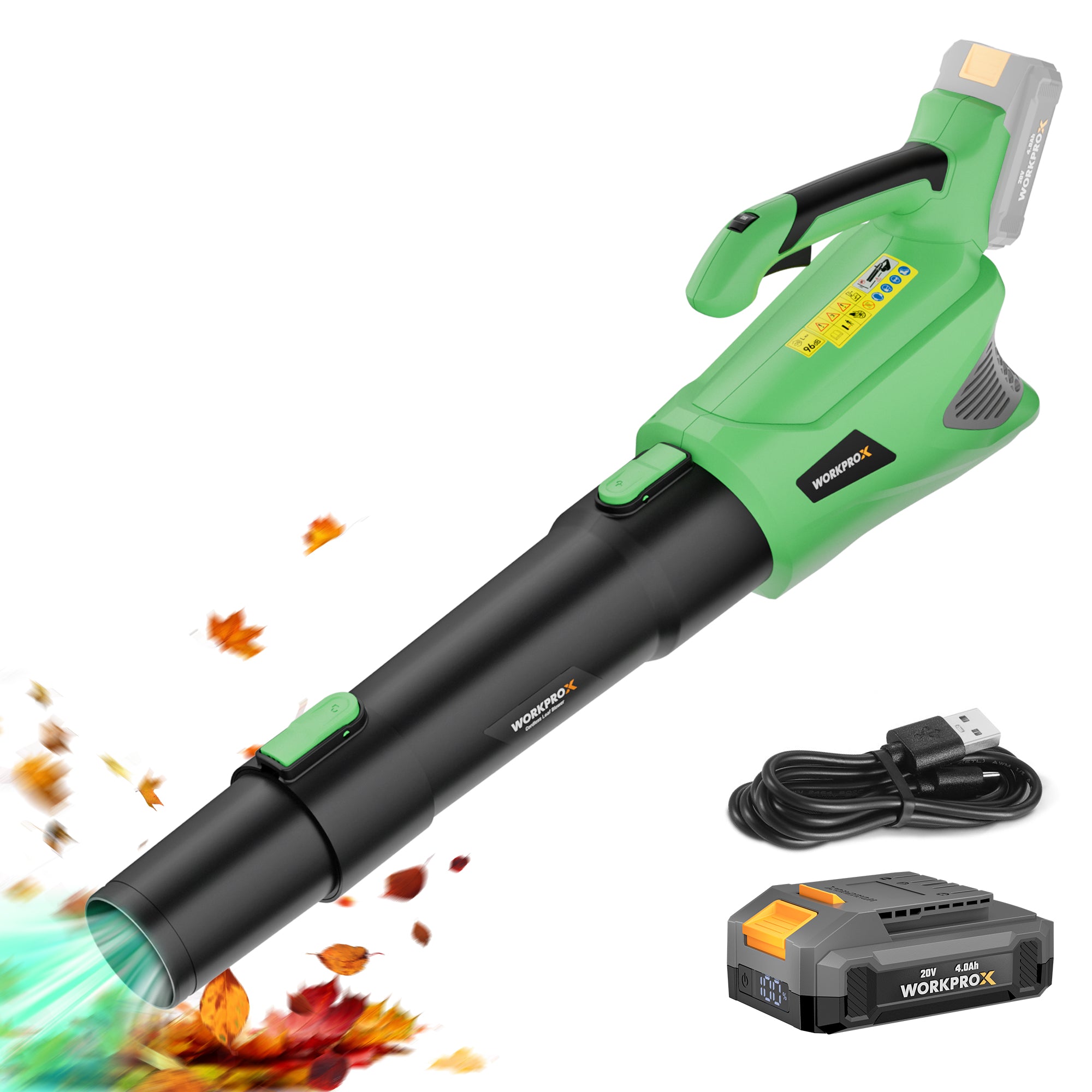 WORKPROX 20V Electric Cordless Leaf Blower in green and black with innovation, quality, durable airflow