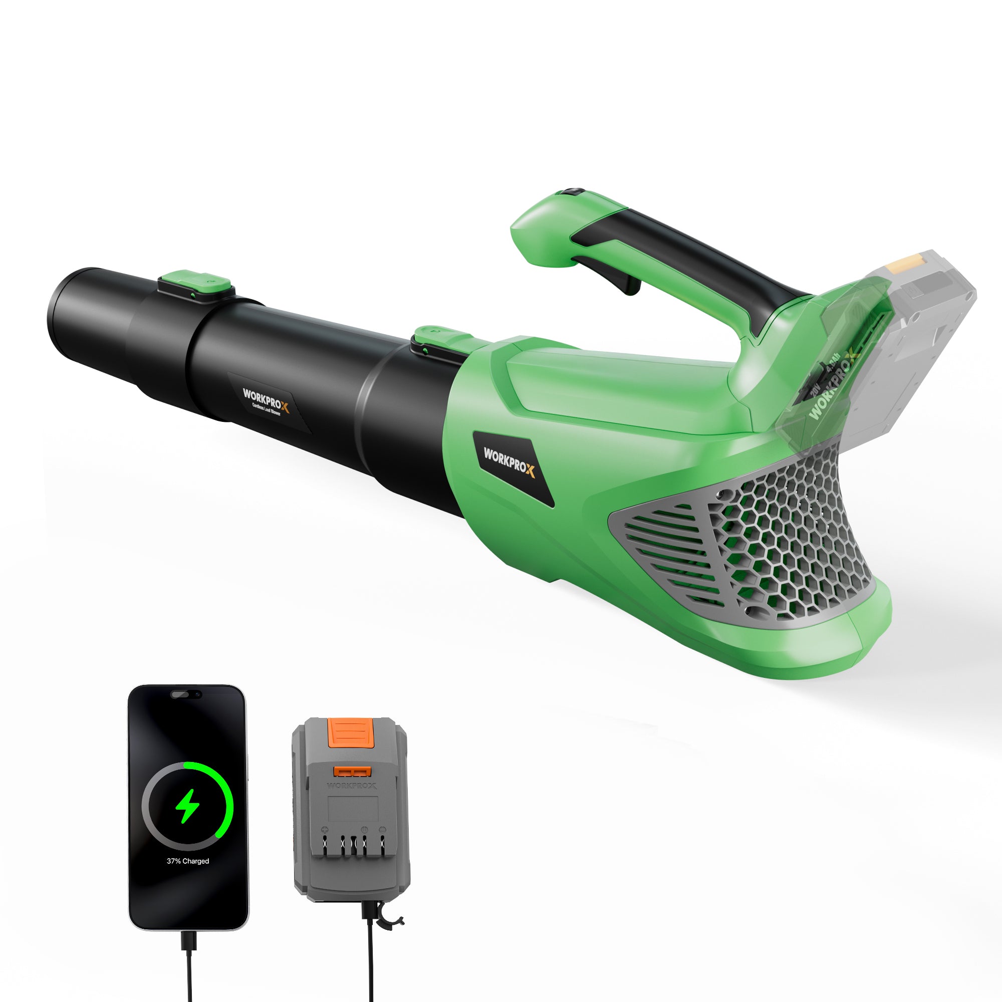 Green and black leaf blower with charging station and phone on a white background