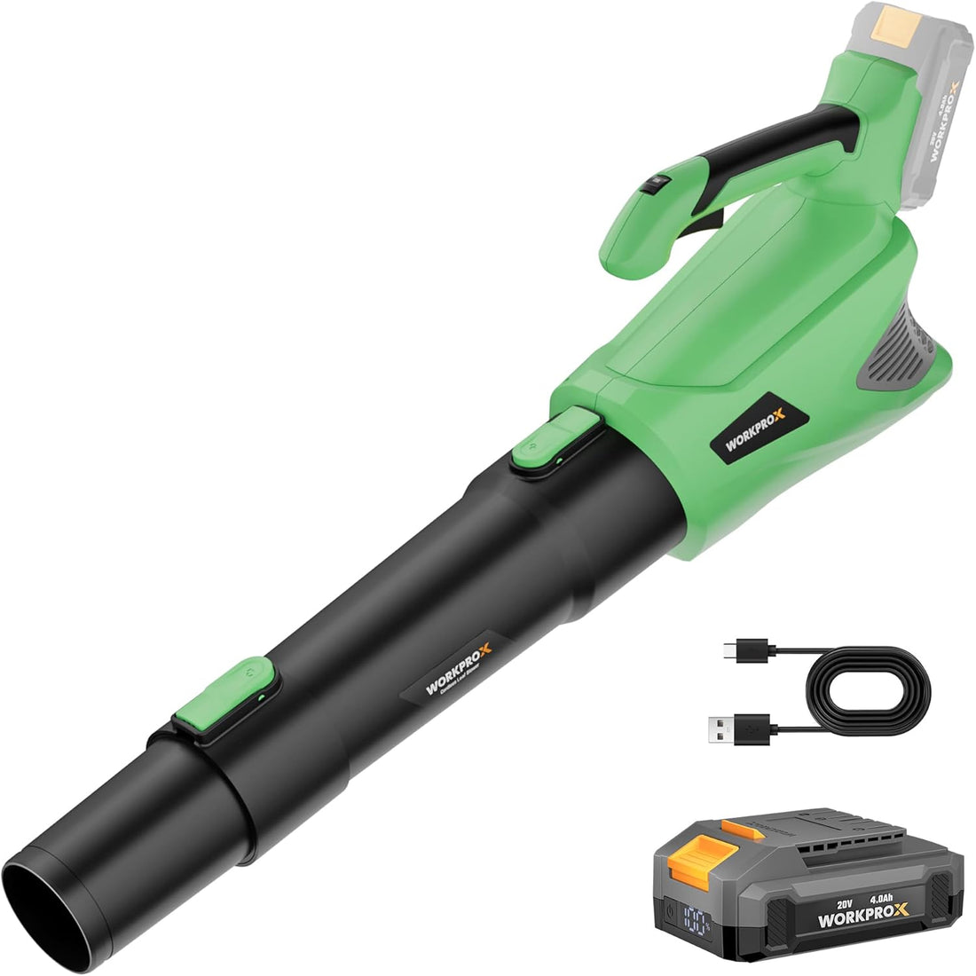 Green and black cordless electric leaf blower with variable speed, Type-C charging cable