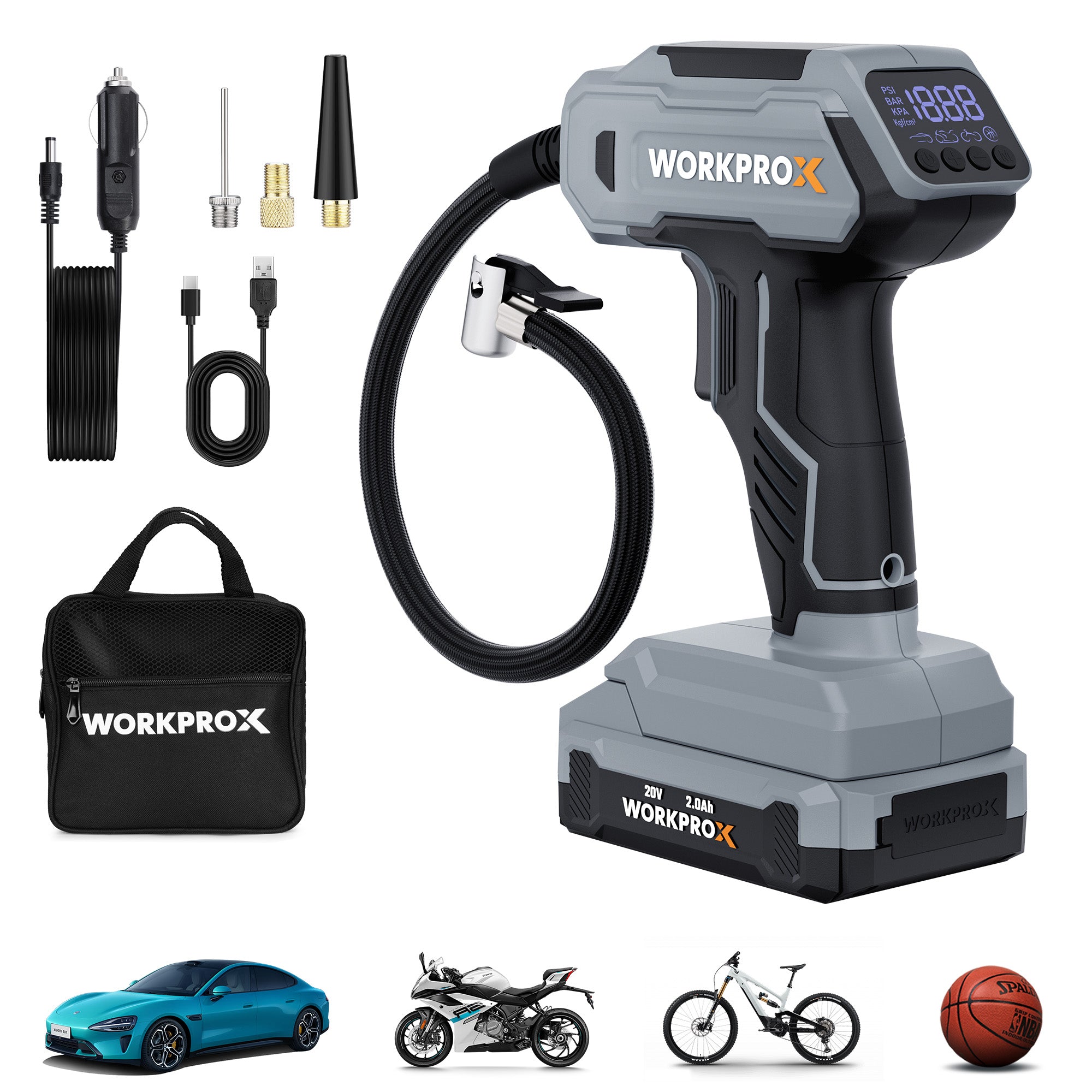 WORKPROX Tire Inflator Portable Air Compressor in black and gray with digital gauge, secure and convenient use